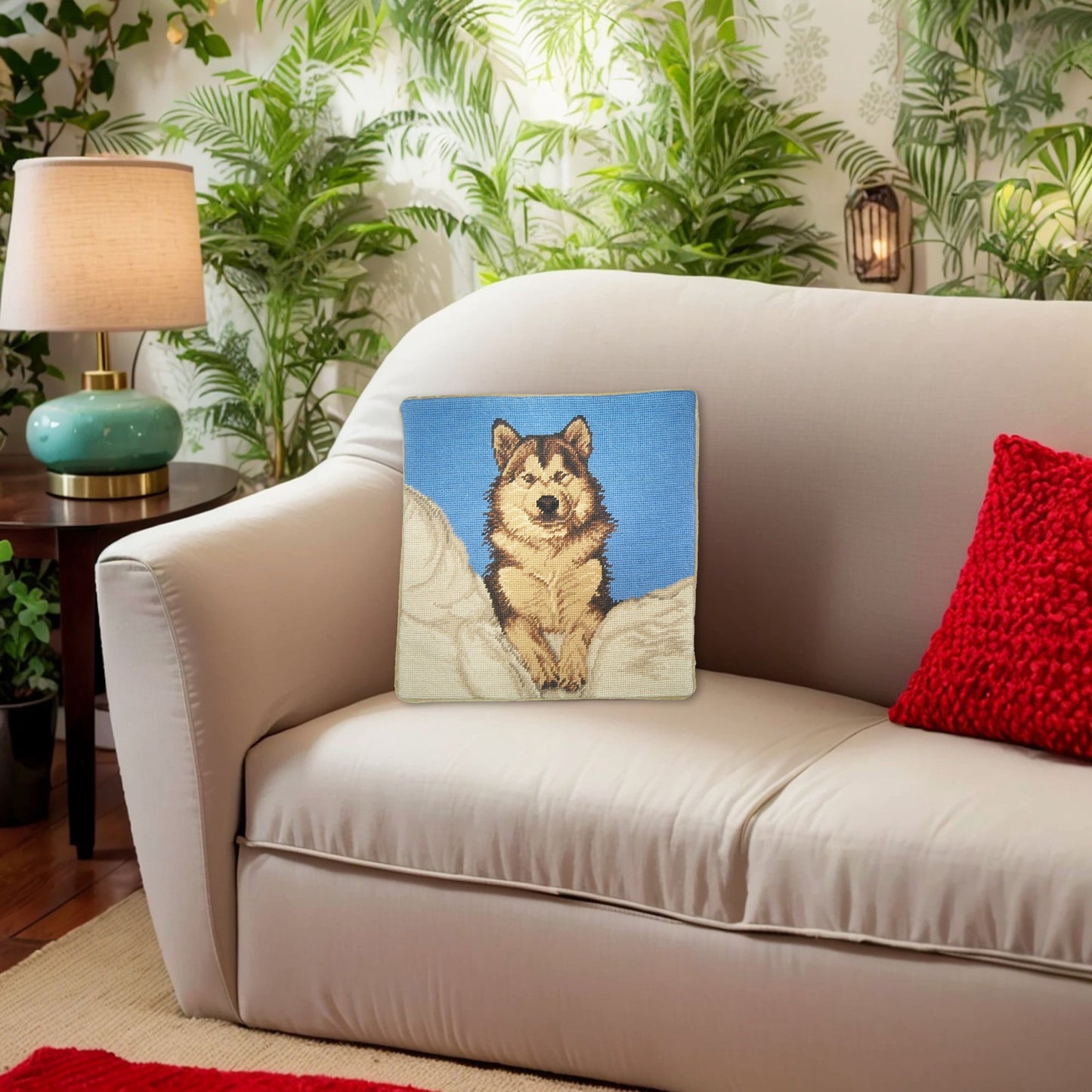 Handmade Wool Needlepoint Pillow Cover - Decorative Throw Cushion Cover - Vintage Floral Embroidery Design brown Husky