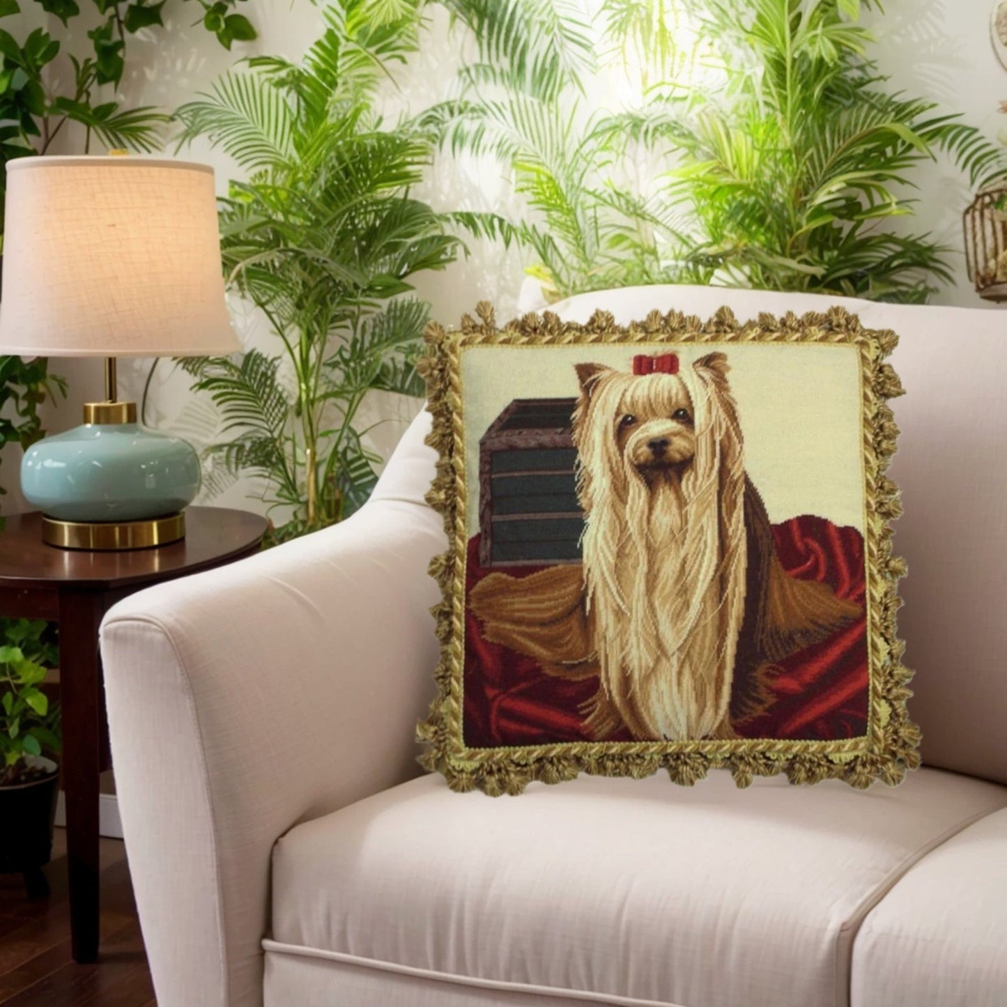 Handmade Wool Needlepoint Pillow Cover - Decorative Throw Cushion Cover - Vintage Floral Embroidery Design  Yoki-front with tassels