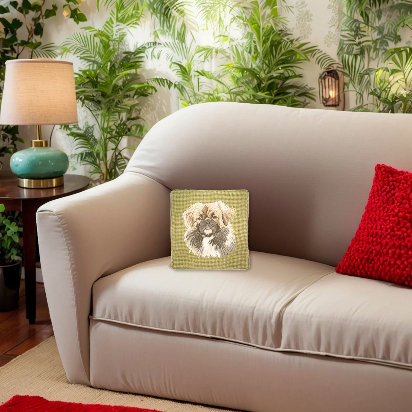 Handmade Wool Needlepoint Pillow Cover - Decorative Throw Cushion Cover - Vintage Floral Embroidery Design Pekinese