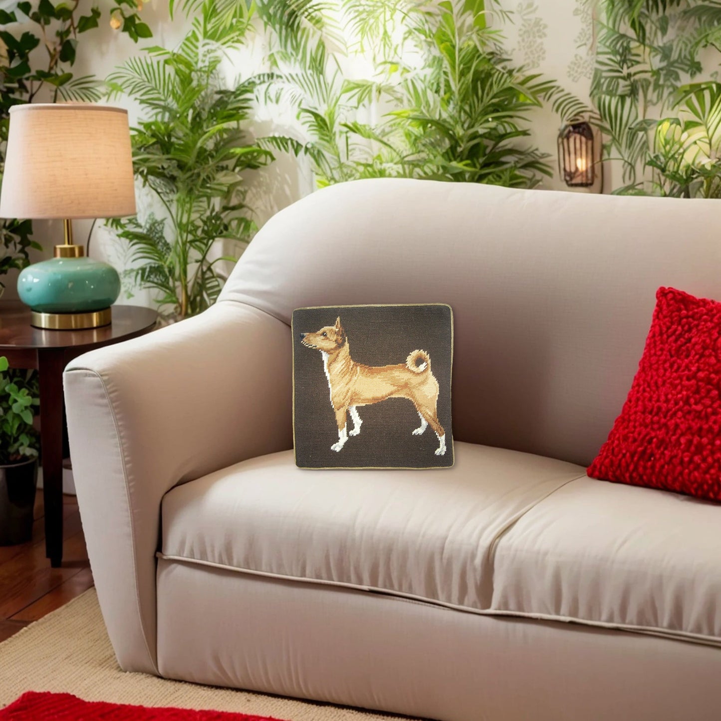 Handmade Wool Needlepoint Pillow Cover - Decorative Throw Cushion Cover - Vintage Floral Embroidery Design Janeness dog