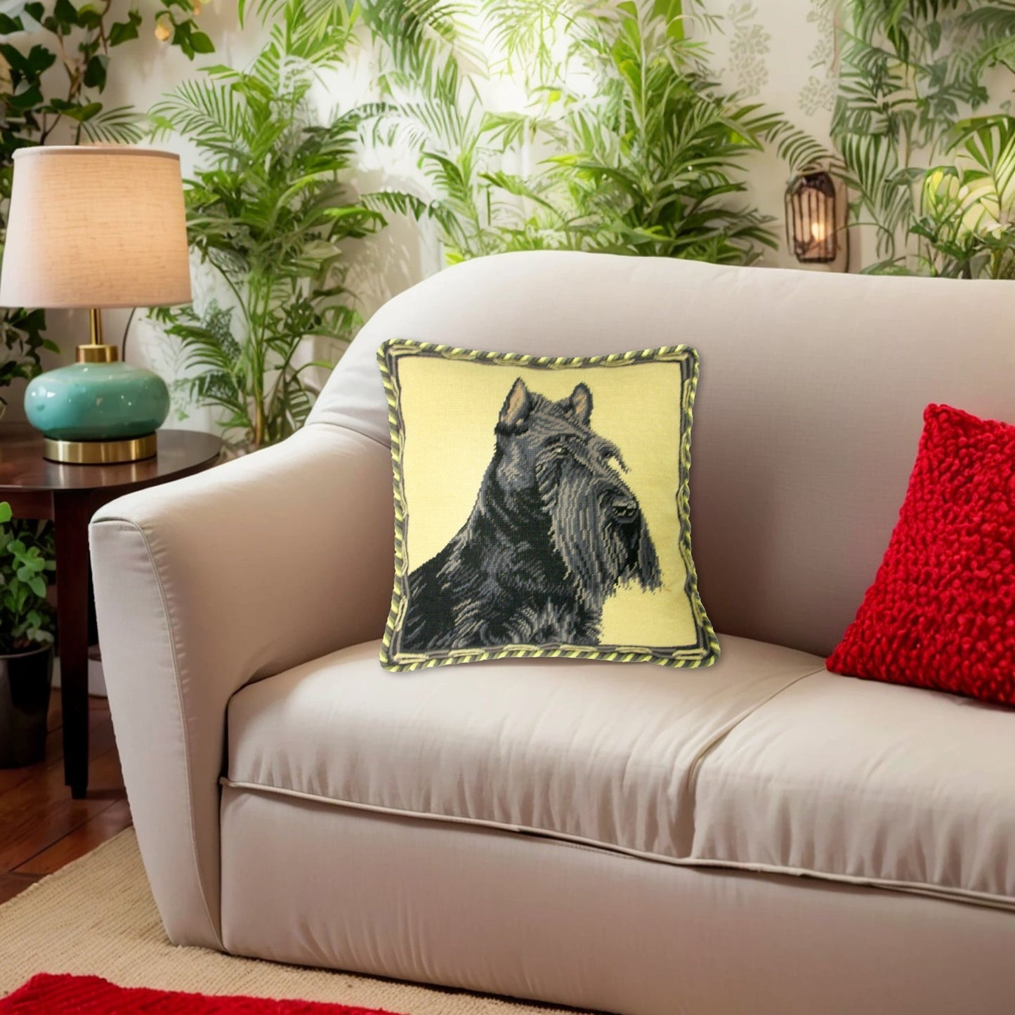 Handmade Wool Needlepoint Pillow Cover - Decorative Throw Cushion Cover - Vintage Floral Embroidery Design black Scottie with cording