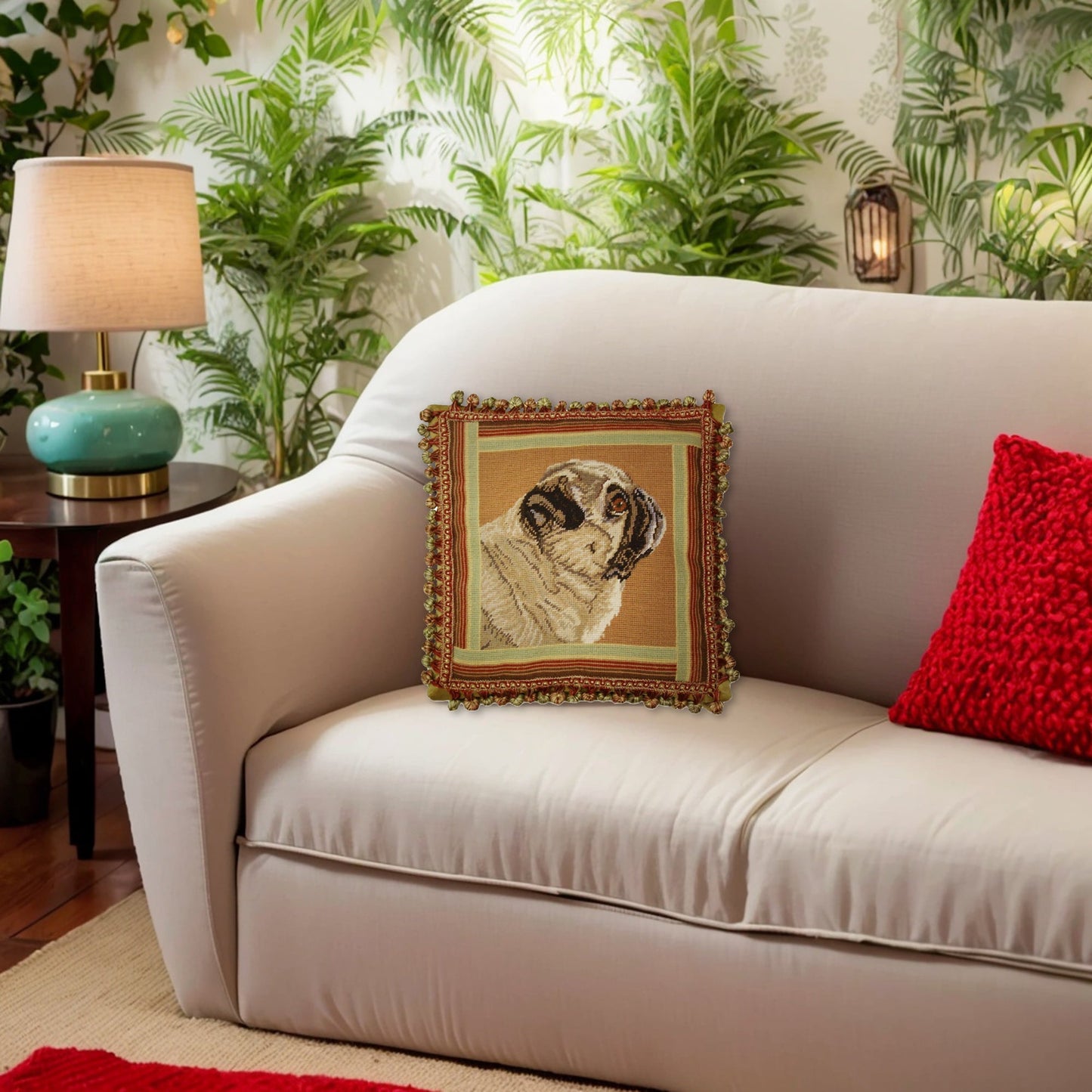 Handmade Wool Needlepoint Pillow Cover - Decorative Throw Cushion Cover - Vintage Floral Embroidery Design brown pug with 3 color tassel