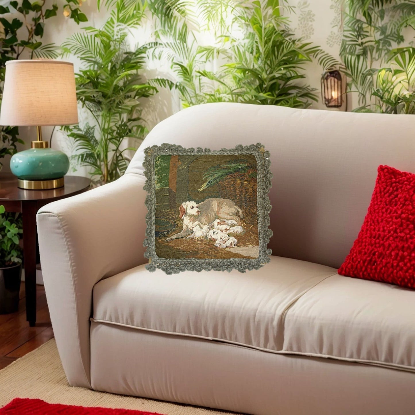 Handmade Wool Needlepoint Pillow Cover - Decorative Throw Cushion Cover - Vintage Floral Embroidery Design dog mom with puppies background with tassel