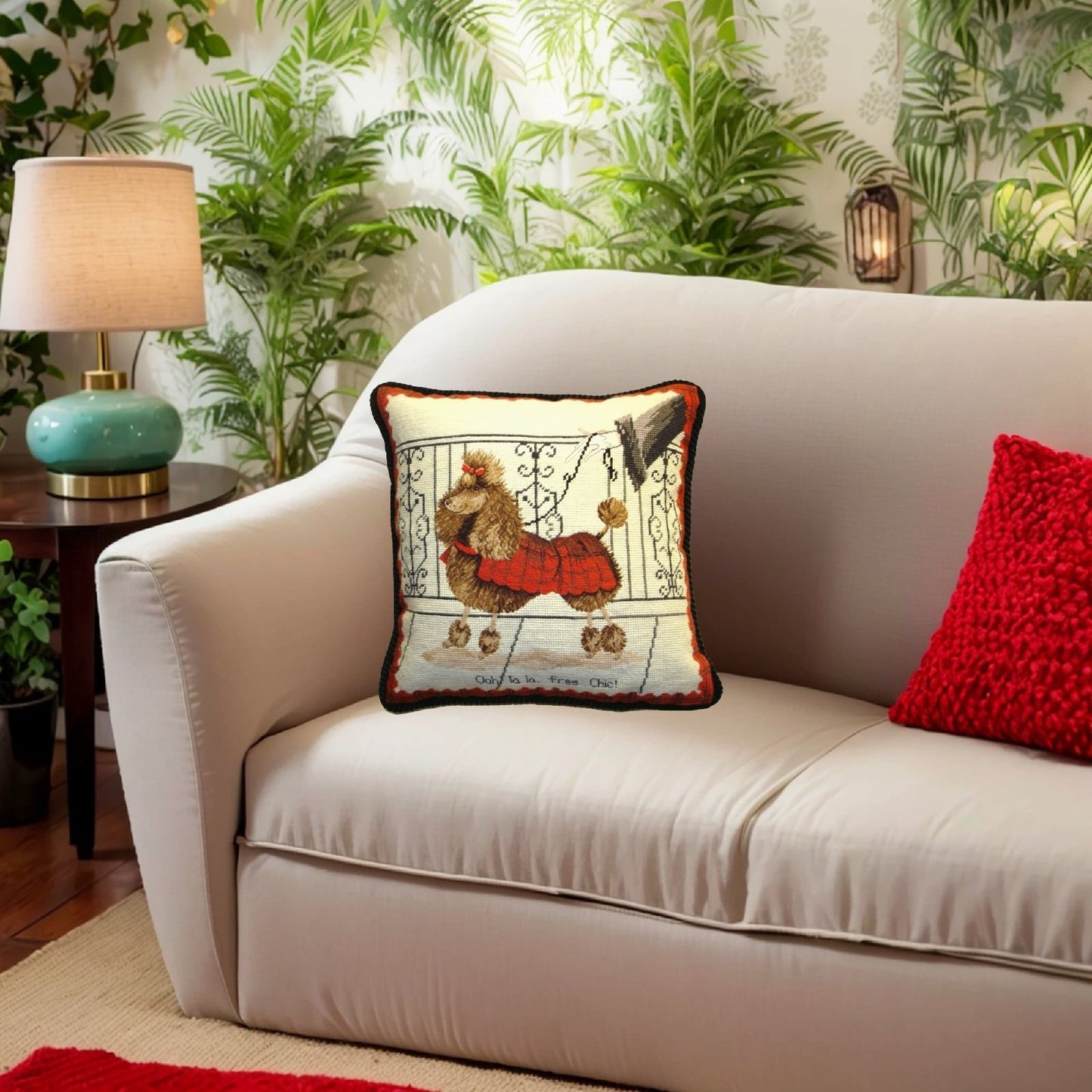 Handmade Wool Needlepoint Pillow Cover - Decorative Throw Cushion Cover - Vintage Floral Embroidery Design with cording c