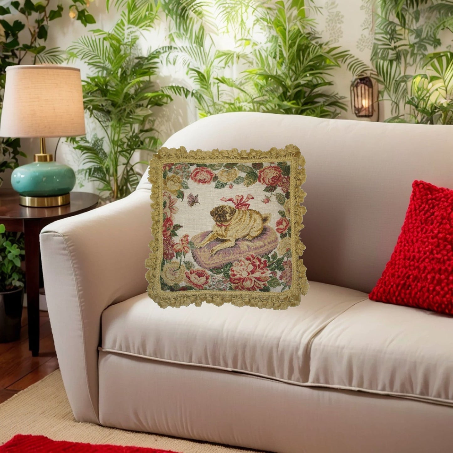 Handmade Wool Needlepoint Pillow Cover - Decorative Throw Cushion Cover - Vintage Floral Embroidery Design  Pug on the purple cushion with tassels