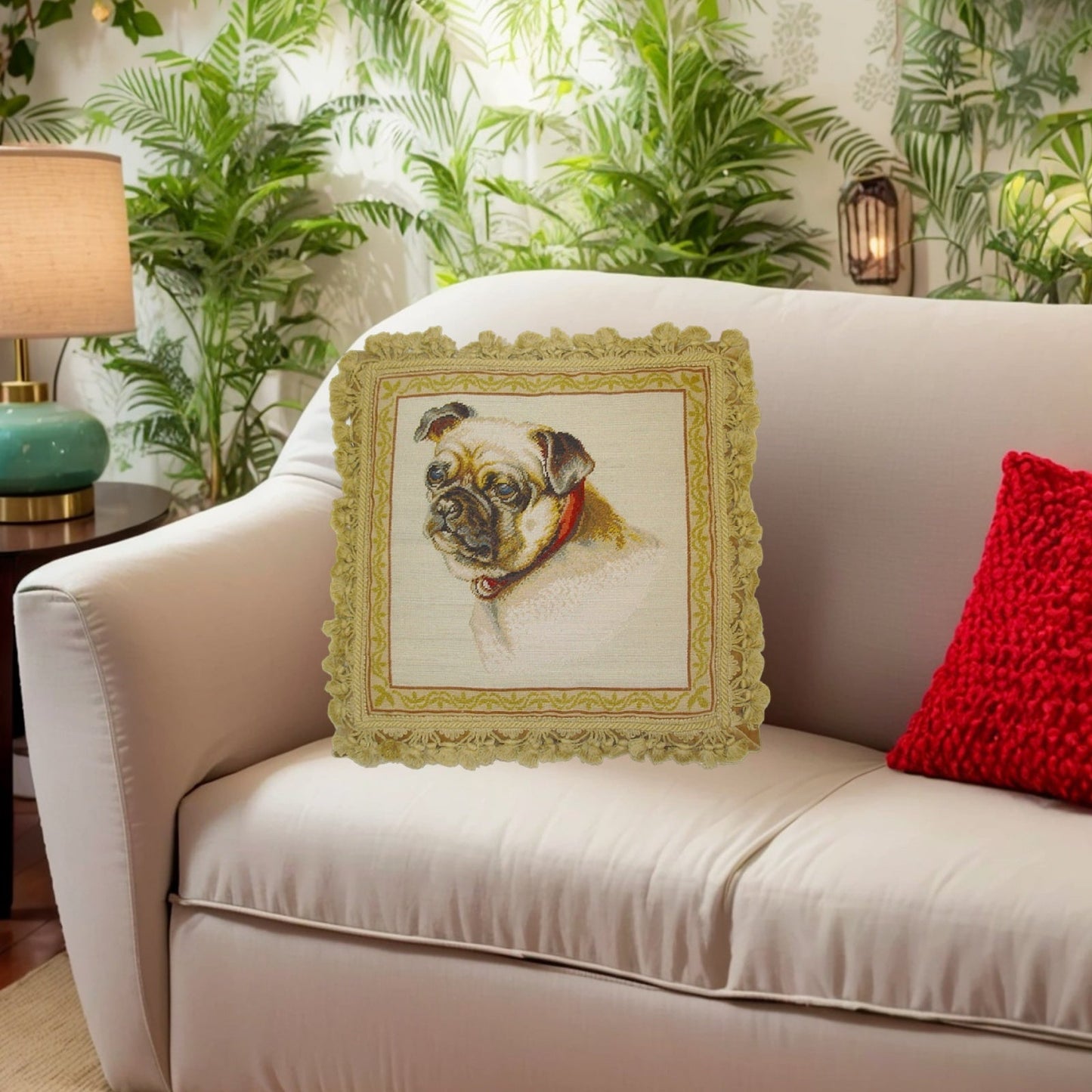 Handmade Wool Needlepoint Pillow Cover - Decorative Throw Cushion Cover - Vintage Floral Embroidery Design  Pug dog nature background