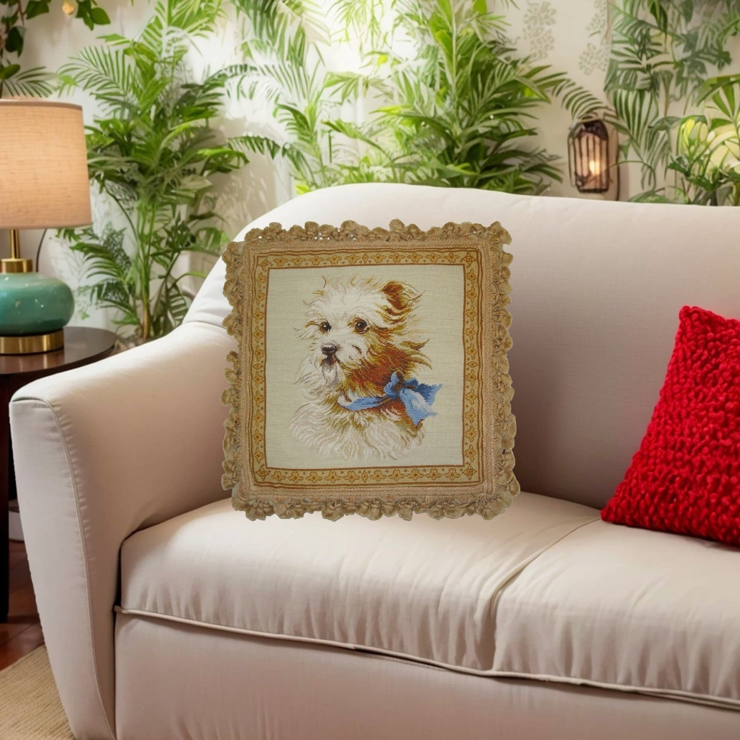 Handmade Wool Needlepoint Pillow Cover - Decorative Throw Cushion Cover - Vintage Floral Embroidery Design  Terrier dog with nature tassel