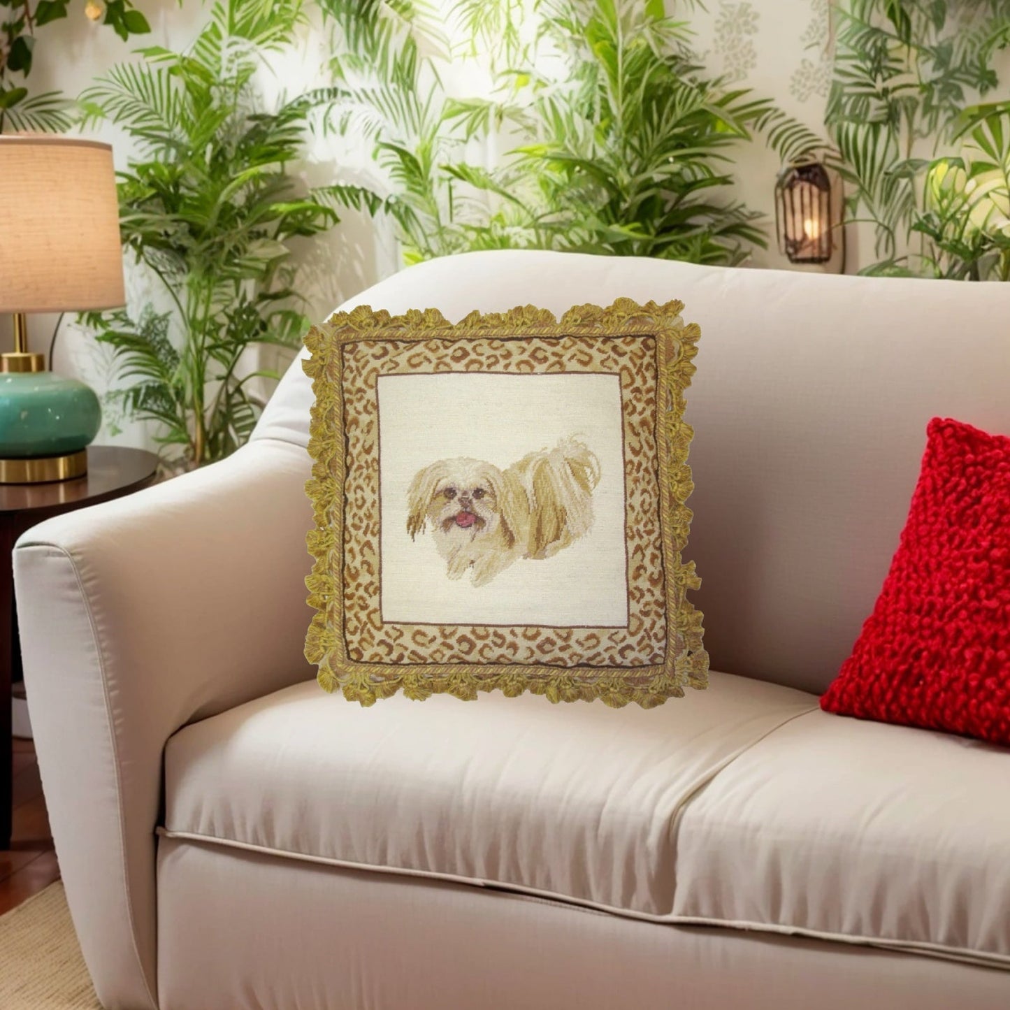 Handmade Wool Needlepoint Pillow Cover - Decorative Throw Cushion Cover - Vintage Floral Embroidery Design  playfully Shih-Tzu with animal print frame 2 color tassels