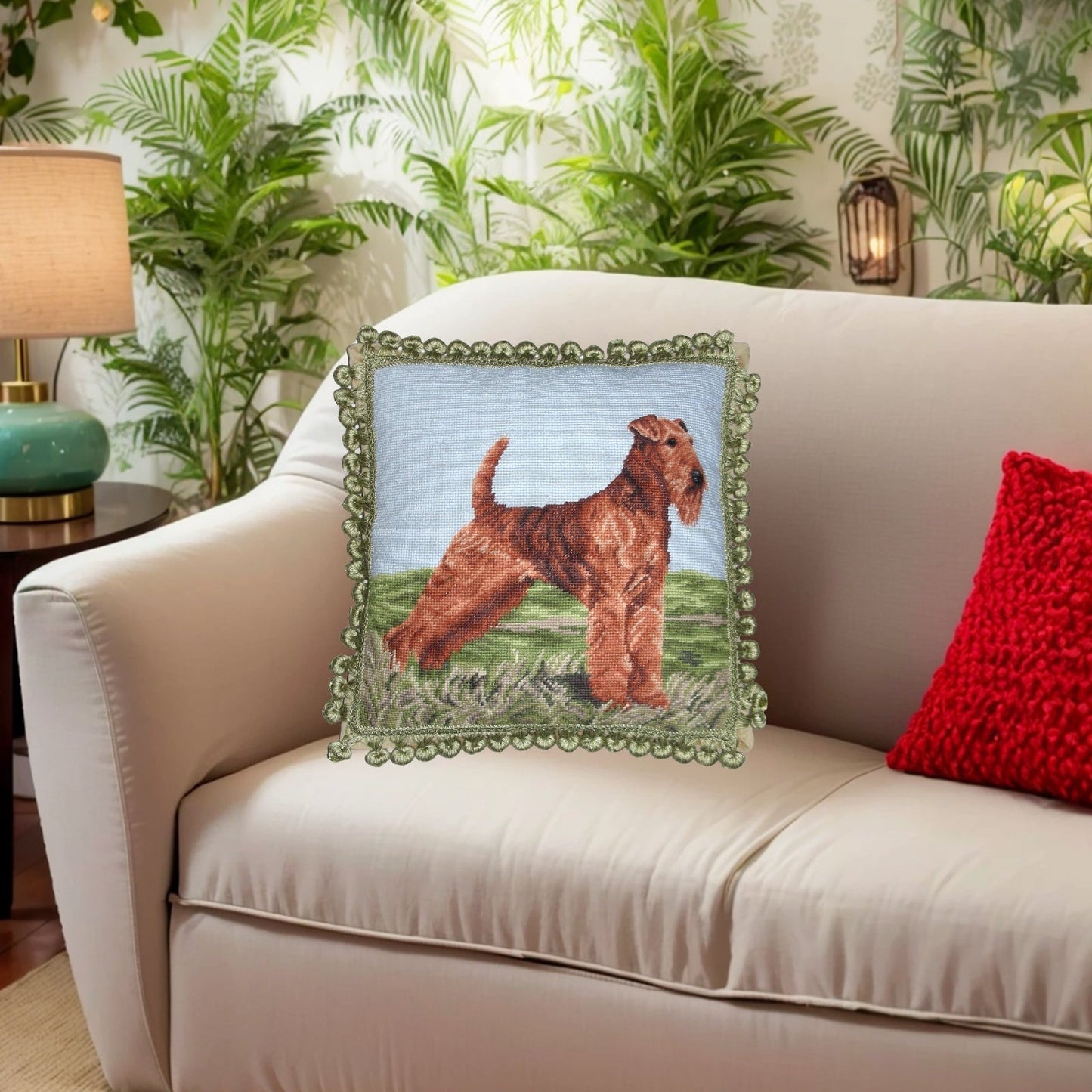 Handmade Wool Needlepoint Pillow Cover - Decorative Throw Cushion Cover - Vintage Floral Embroidery Design Airdale face and rest with tassels