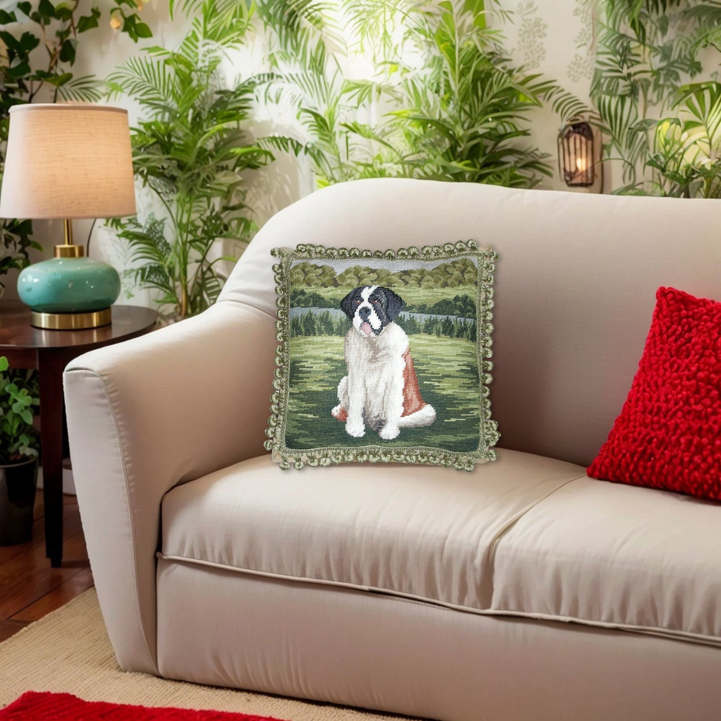 Handmade Wool Needlepoint Pillow Cover - Decorative Throw Cushion Cover - Vintage Floral Embroidery Design St Bernards with tassels