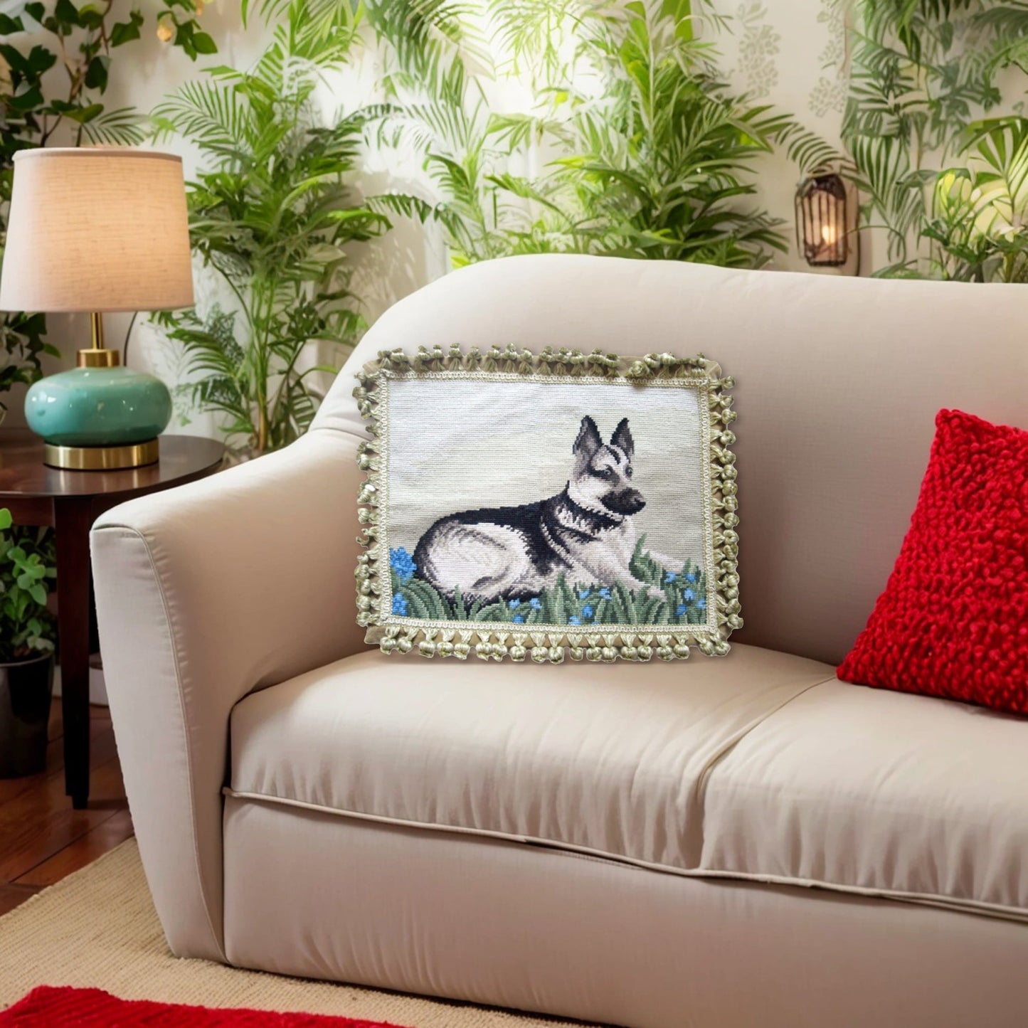 Handmade Wool Needlepoint Pillow Cover - Decorative Throw Cushion Cover - Vintage Floral Embroidery Design  Geman Shepherd rest with tassel