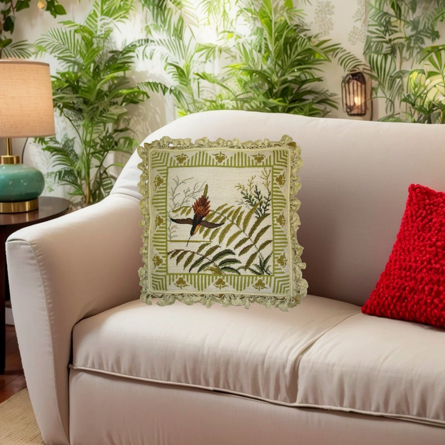 Handmade Wool Needlepoint Pillow Cover - Decorative Throw Cushion Cover - Vintage Floral Embroidery Design 1 bird & ferns)