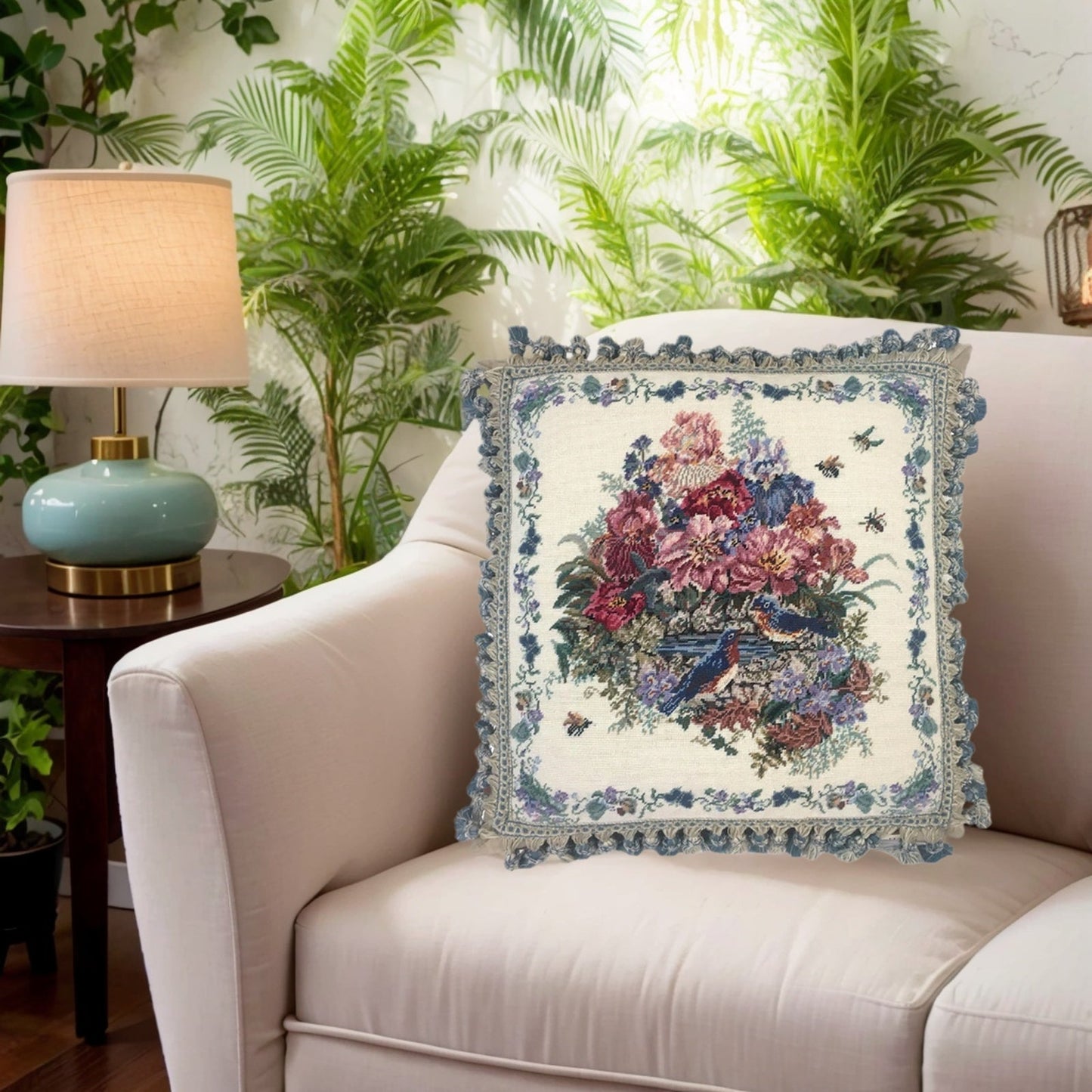 Handmade Wool Needlepoint Pillow Cover - Decorative Throw Cushion Cover - Vintage Floral Embroidery Design  blue birds with tassel