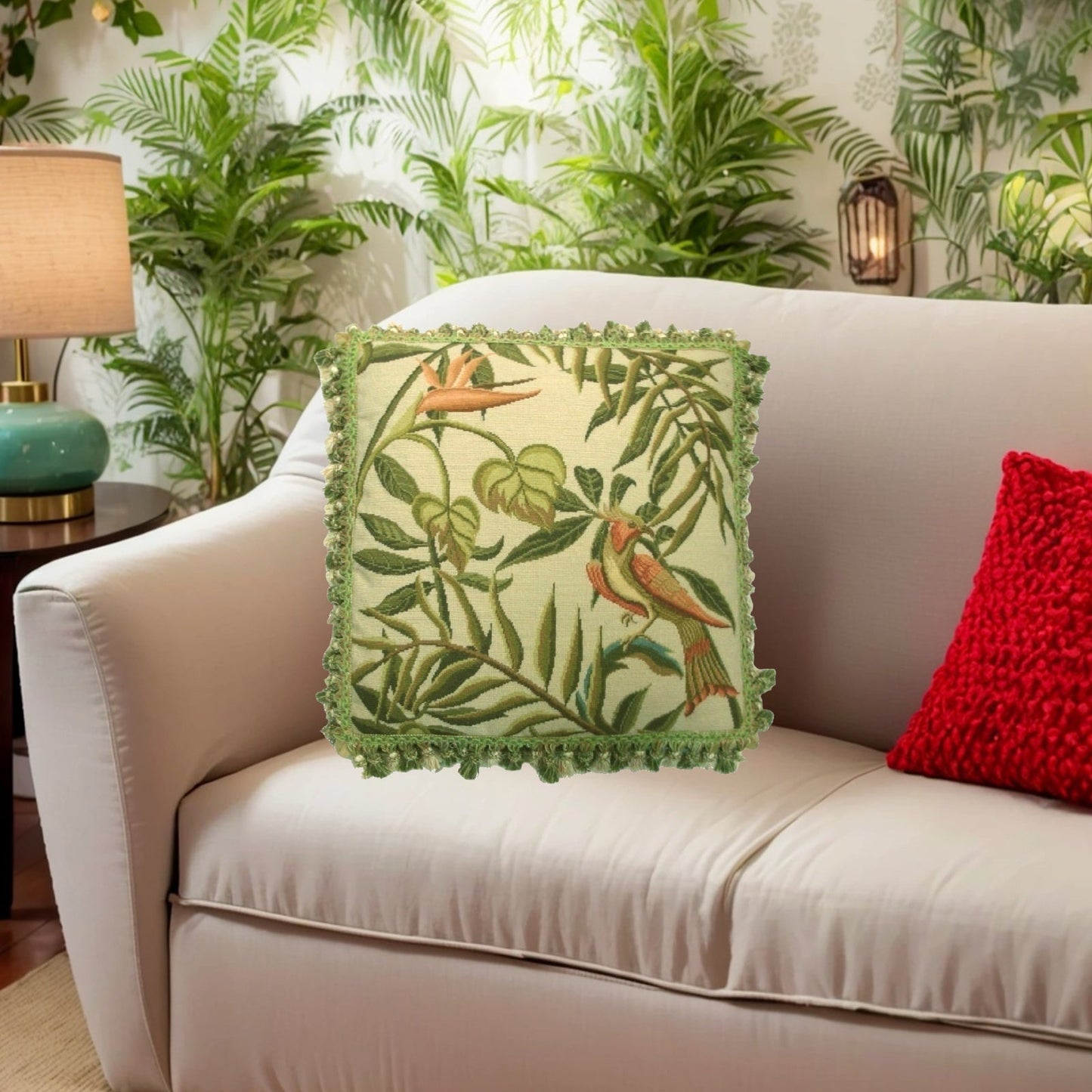 Handmade Wool Needlepoint Pillow Cover - Decorative Throw Cushion Cover - Vintage Floral Embroidery Design  birds of Paradise  with tassel