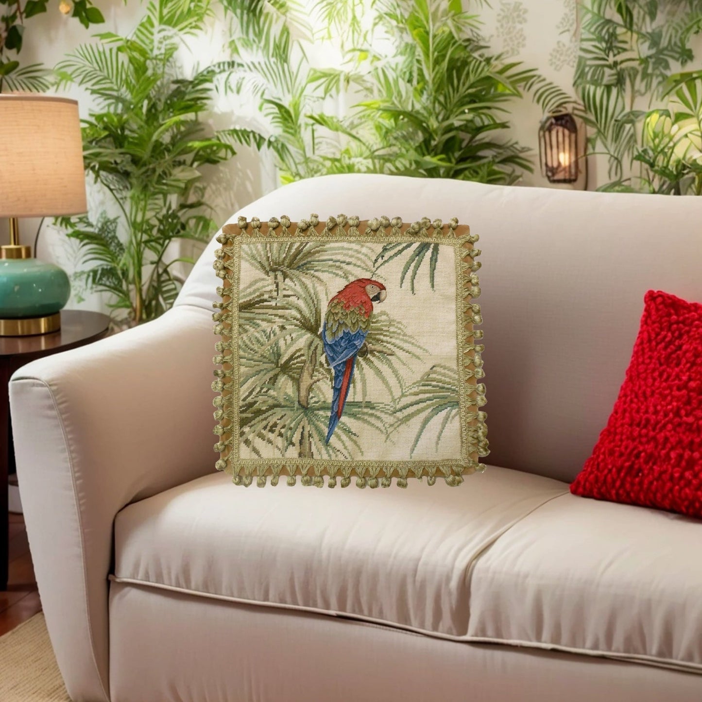 Handmade Wool Needlepoint Pillow Cover - Decorative Throw Cushion Cover - Vintage Floral Embroidery Design parrot with tassels