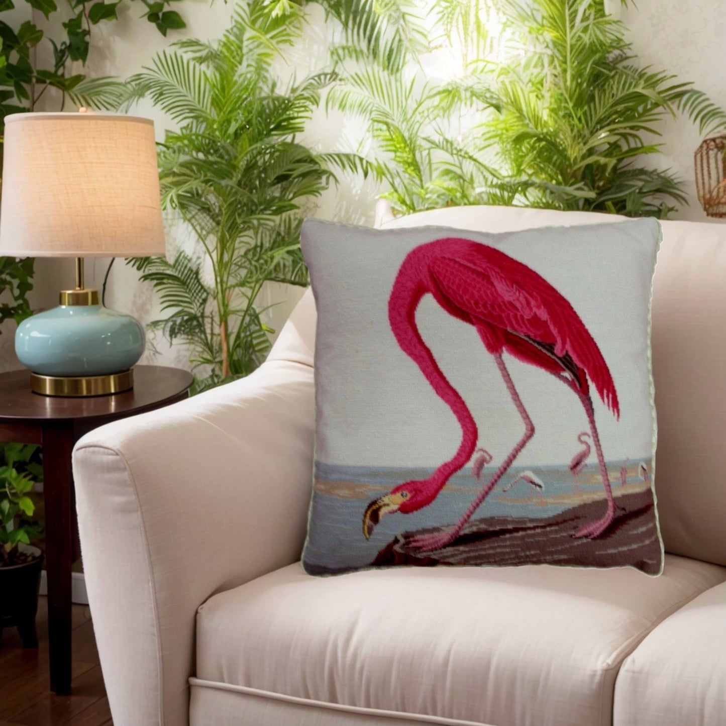 Handmade Wool Needlepoint Pillow Cover - Decorative Throw Cushion Cover - Vintage Floral Embroidery Design  ancient Flamingo with cording