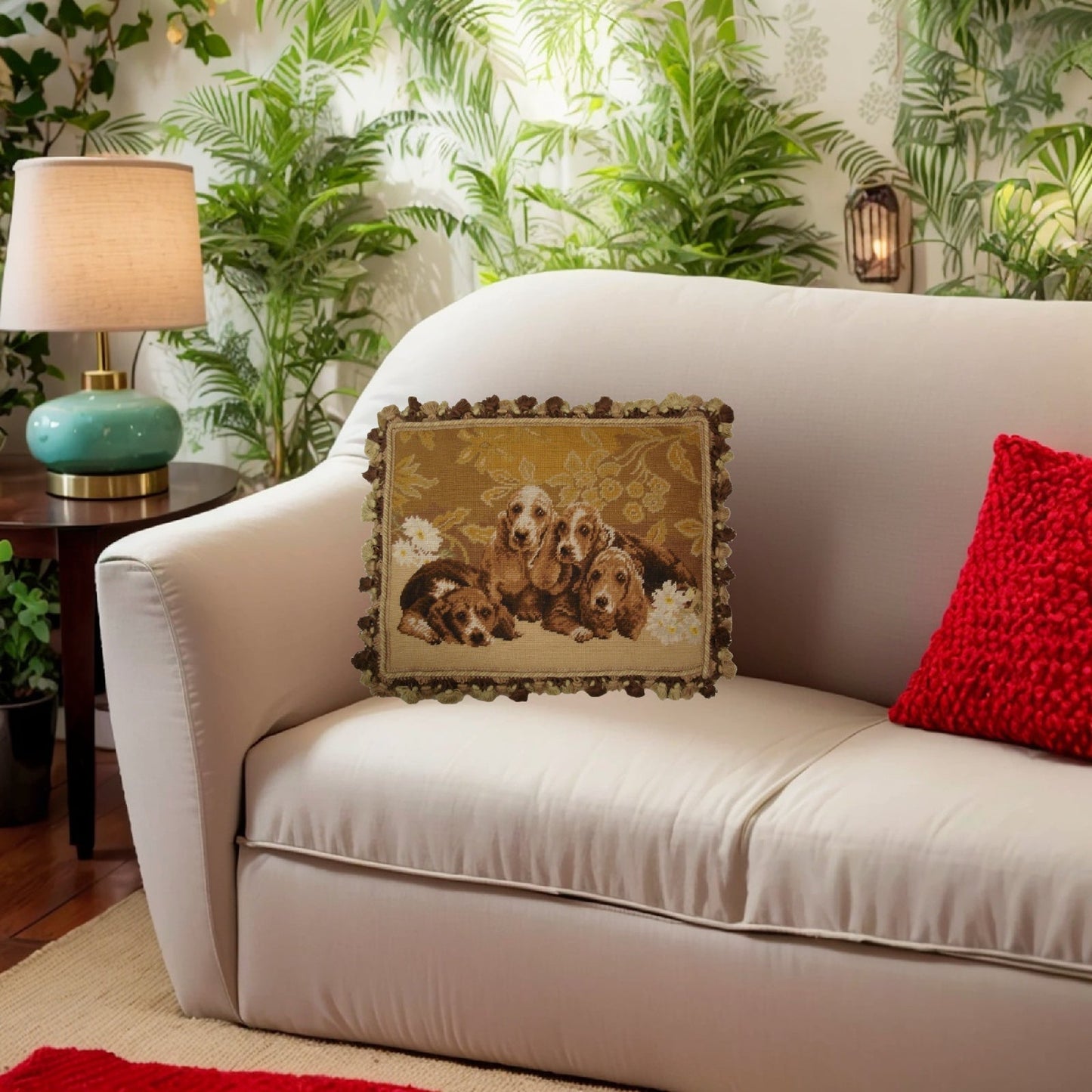 Handmade Wool Needlepoint Pillow Cover - Decorative Throw Cushion Cover - Vintage Floral Embroidery Design 4 Basset Hound with tassel