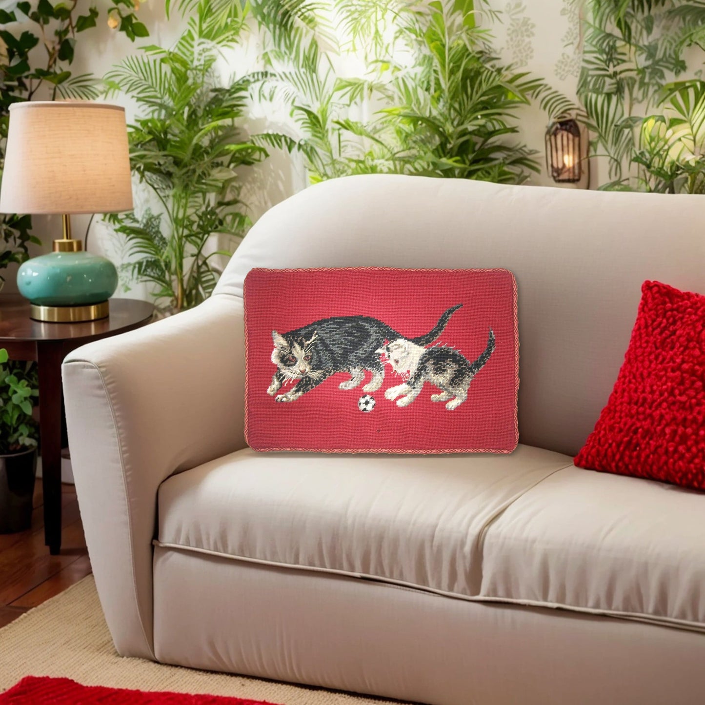 Handmade Wool Needlepoint Pillow Cover - Decorative Throw Cushion Cover - Vintage Floral Embroidery Design  on cat faces rest of in red background with cording