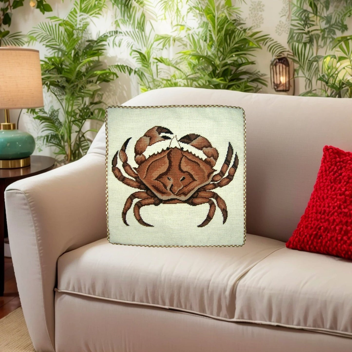 Handmade Wool Needlepoint Pillow Cover - Decorative Throw Cushion Cover - Vintage Floral Embroidery Design brown crab with cording