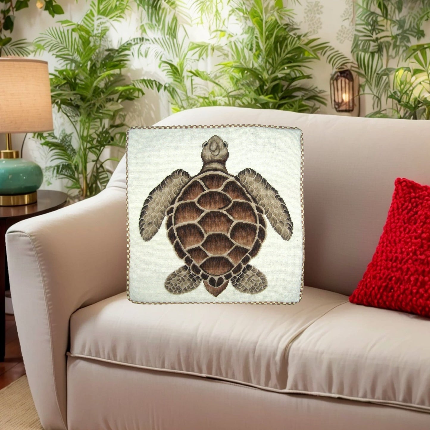 Handmade Wool Needlepoint Pillow Cover - Decorative Throw Cushion Cover - Vintage Floral Embroidery Design brown turtle with cording