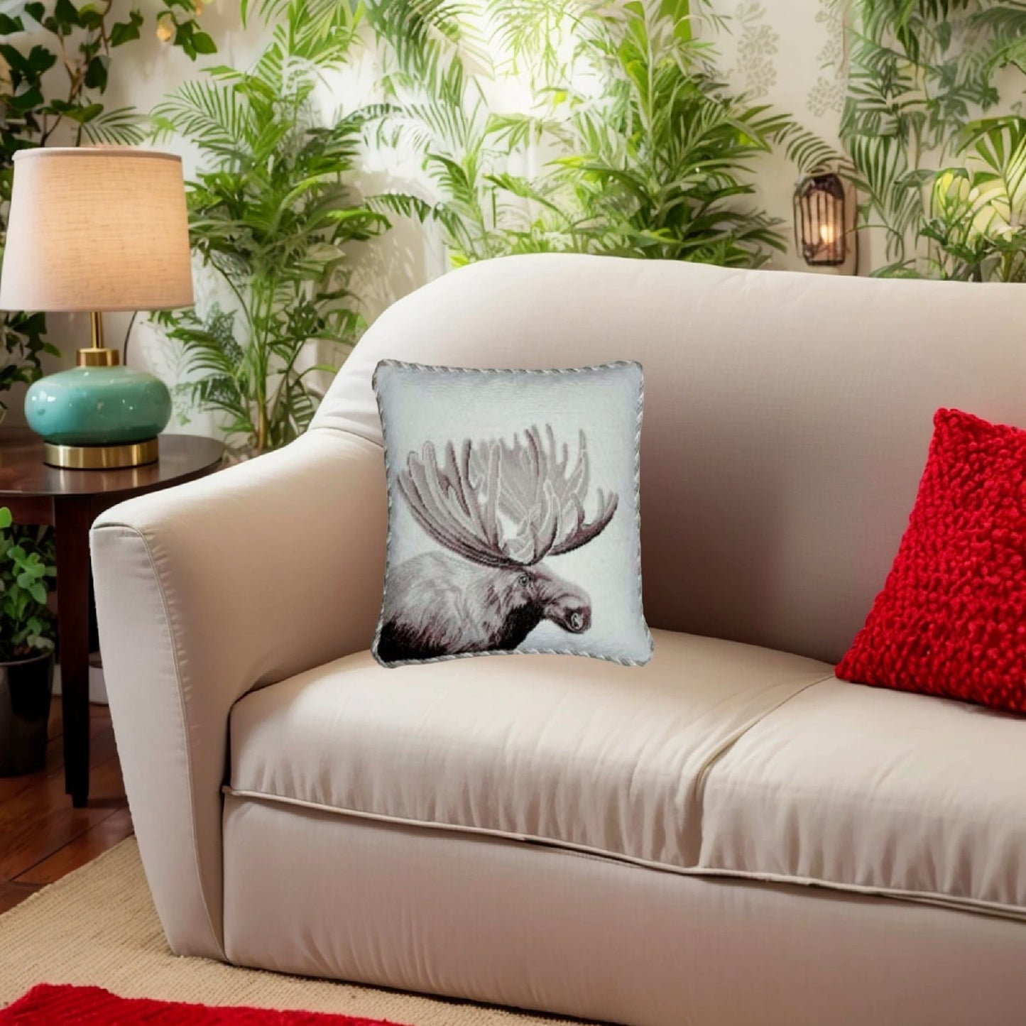 Handmade Wool Needlepoint Pillow Cover - Decorative Throw Cushion Cover - Vintage Floral Embroidery Design Moose side with 3 color cording