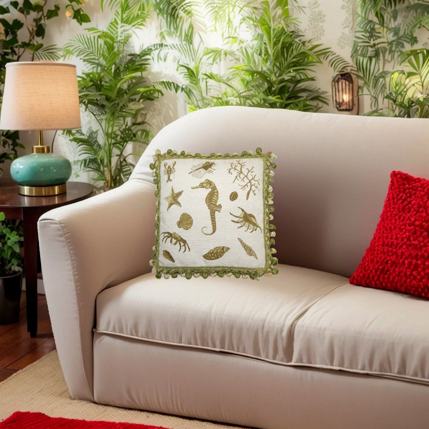 Handmade Wool Needlepoint Pillow Cover - Decorative Throw Cushion Cover - Vintage Floral Embroidery Design green sea-horse with tassels