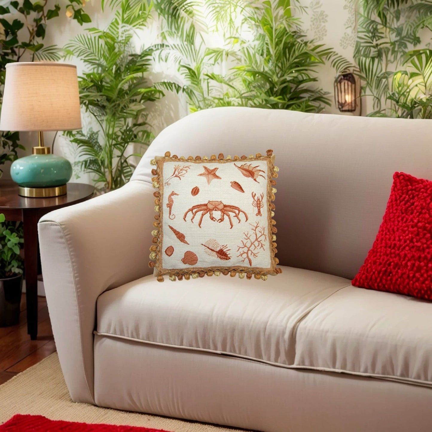 Handmade Wool Needlepoint Pillow Cover - Decorative Throw Cushion Cover - Vintage Floral Embroidery Design Fienst brown crab with tassels