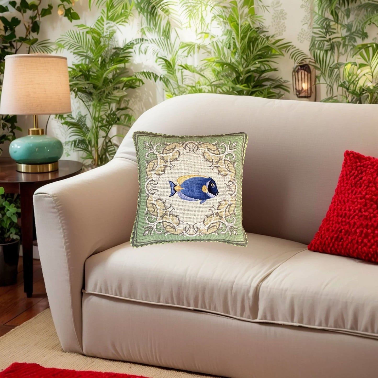 Handmade Wool Needlepoint Pillow Cover - Decorative Throw Cushion Cover - Vintage Floral Embroidery DesignFienst  tropical fish - Surgeonfish with green frame checker cording