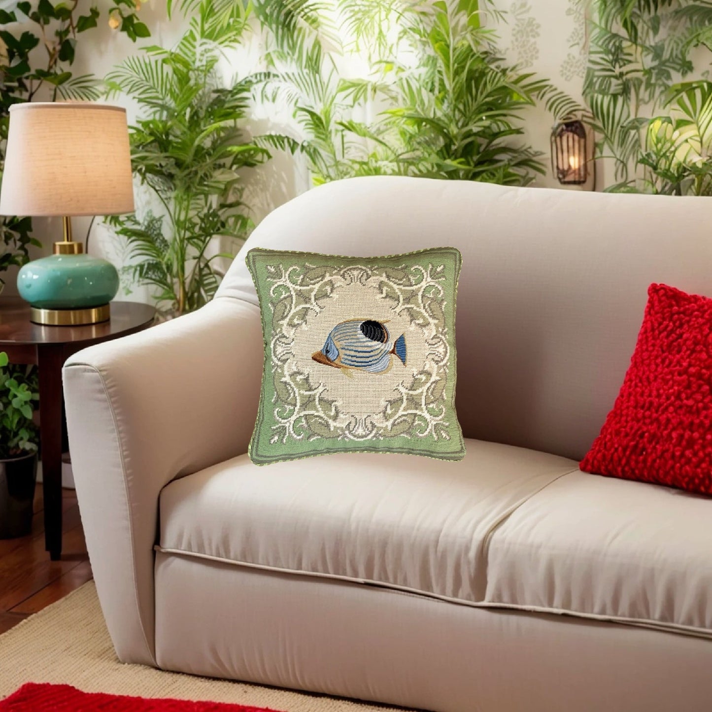 Handmade Wool Needlepoint Pillow Cover - Decorative Throw Cushion Cover - Vintage Floral Embroidery Designtropical fish-foureye butterflyfish green frame checker cording