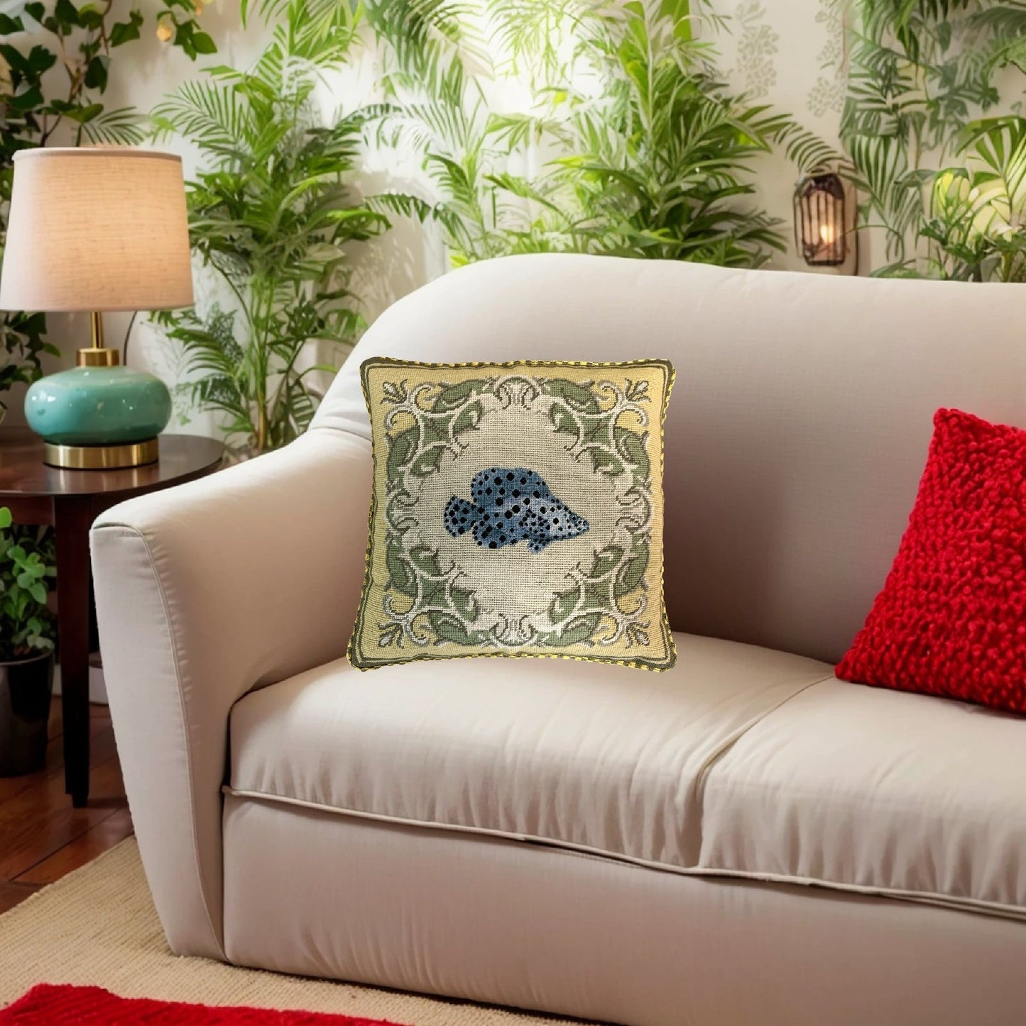 Handmade Wool Needlepoint Pillow Cover - Decorative Throw Cushion Cover - Vintage Floral Embroidery Designtropical fish-Clown Trigger yellow frame checker cording