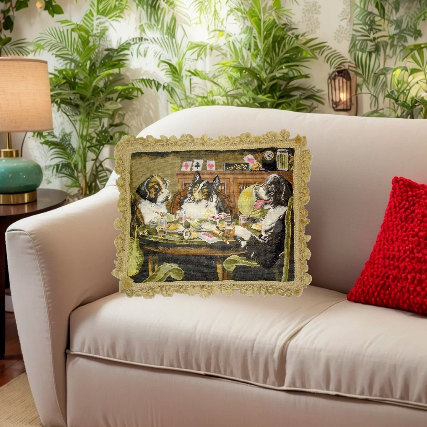 Handmade Wool Needlepoint Pillow Cover - Decorative Throw Cushion Cover - Vintage Floral Embroidery Design  Coolidge DogA Bold Bluff