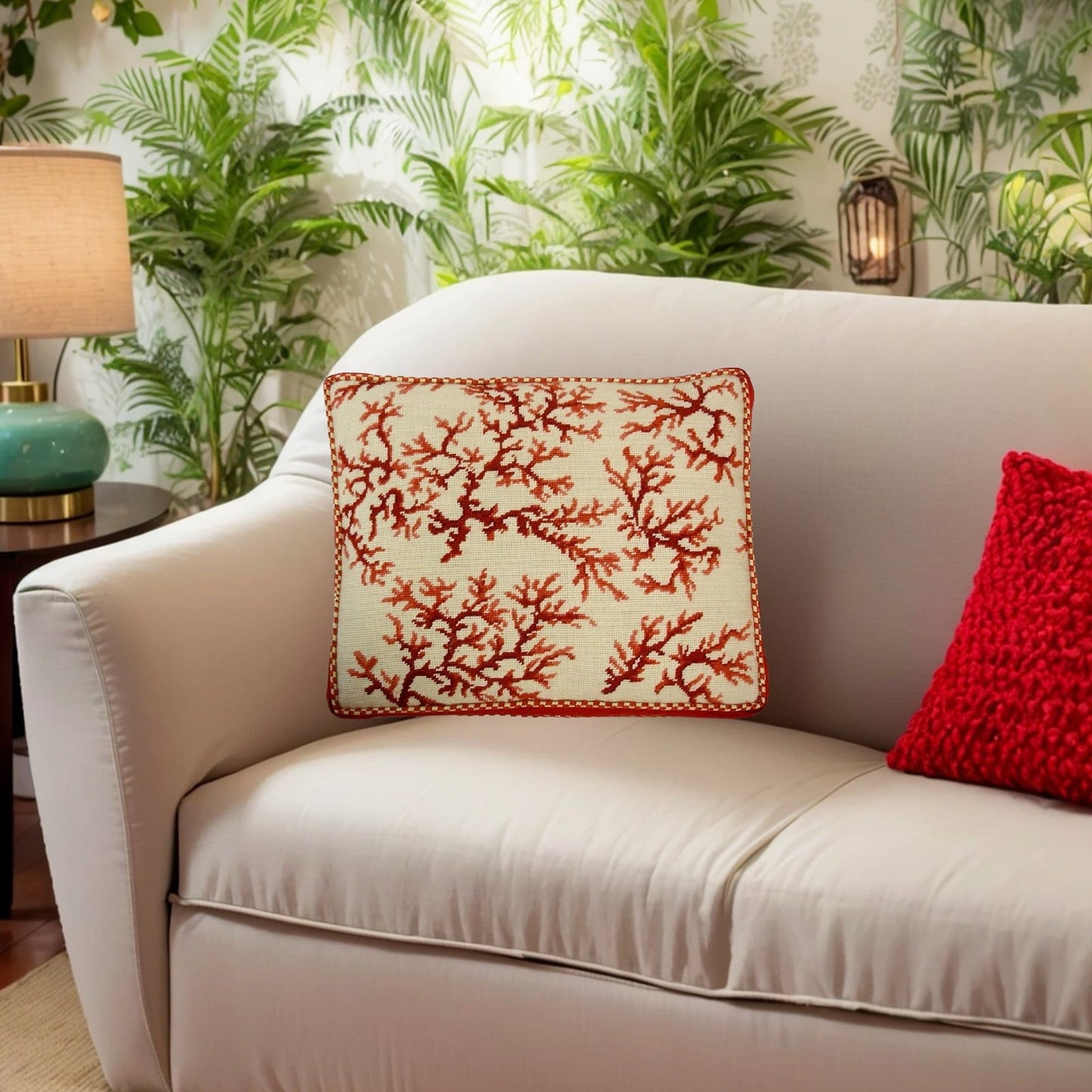 Handmade Wool Needlepoint Pillow Cover - Decorative Throw Cushion Cover - Vintage Floral Embroidery Design red coral ivory back with 2 color cording