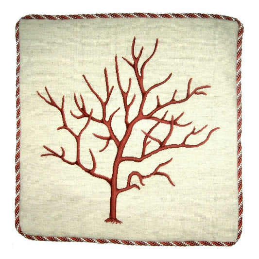 Handmade Wool Needlepoint Pillow Cover - Decorative Throw Cushion Cover - Vintage Floral Embroidery Design red small coral with cording