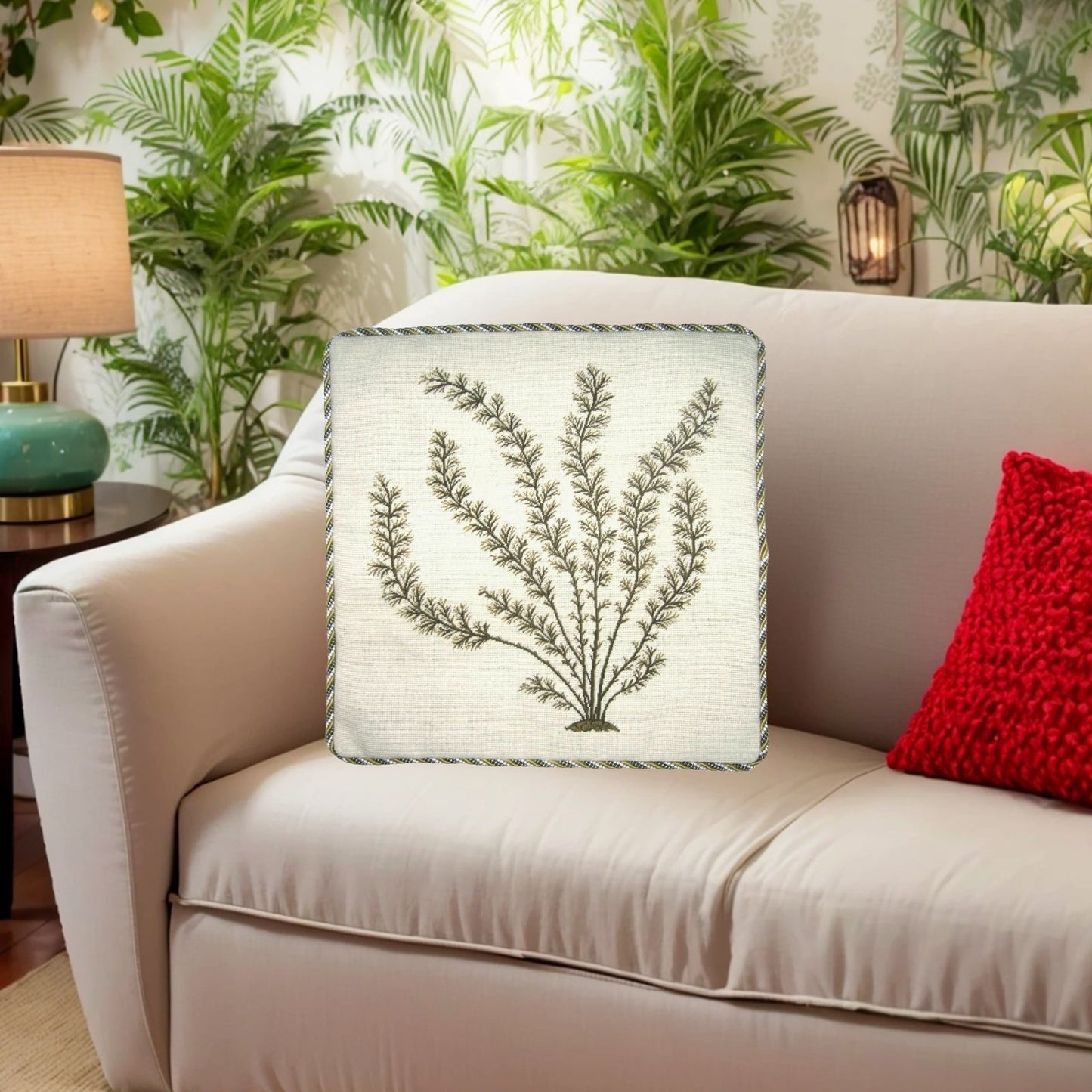 Handmade Wool Needlepoint Pillow Cover - Decorative Throw Cushion Cover - Vintage Floral Embroidery Design seaweeds green Marestail with cording