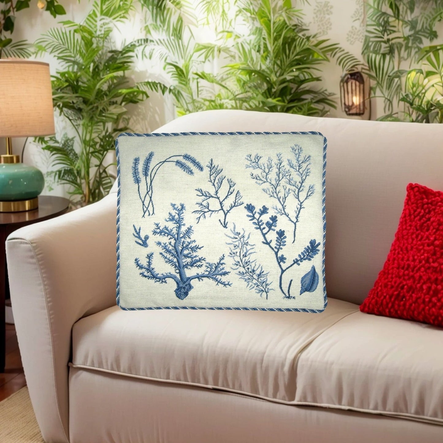 Handmade Wool Needlepoint Pillow Cover - Decorative Throw Cushion Cover - Vintage Floral Embroidery Design blue group seaweeds with coral left bottom with cording