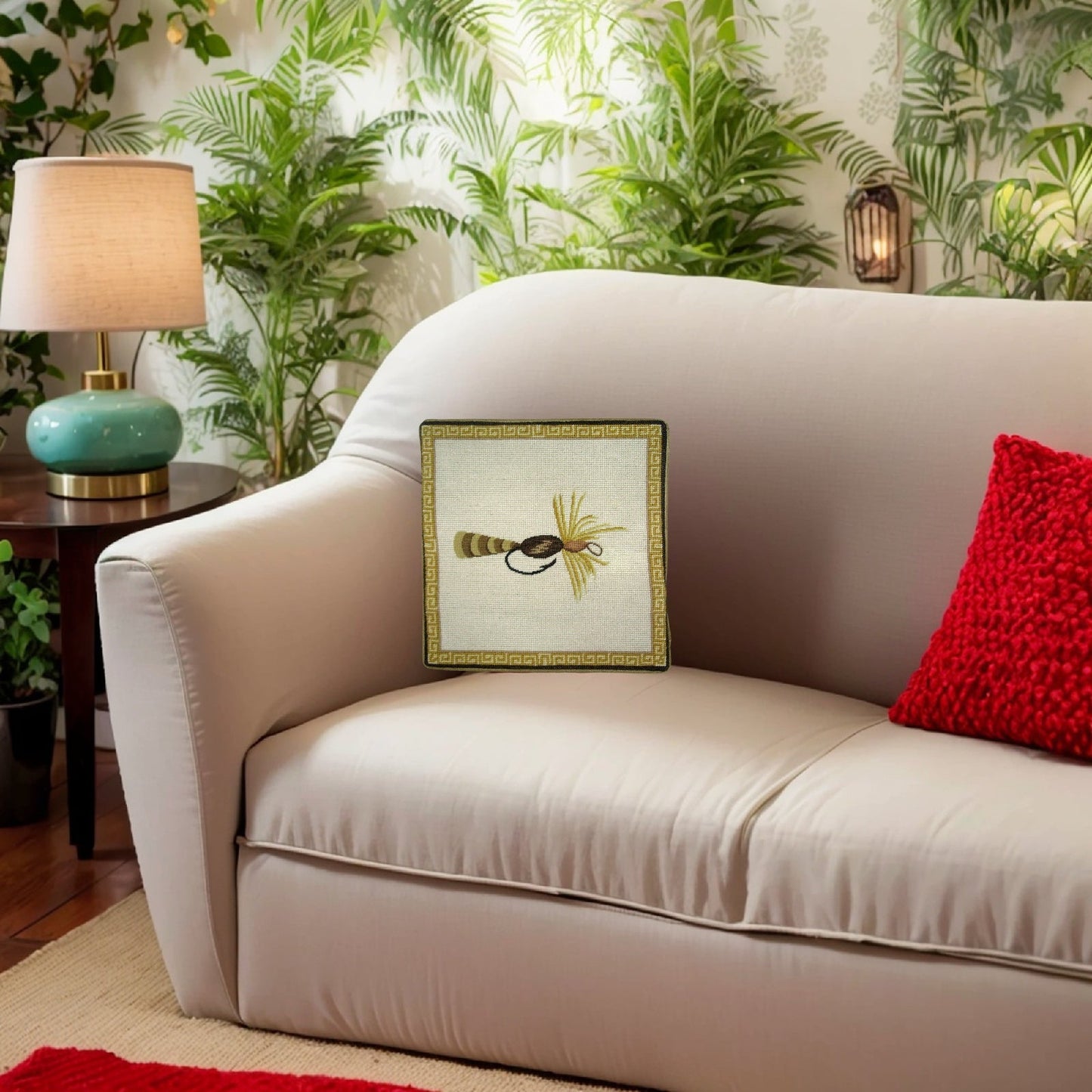 Handmade Wool Needlepoint Pillow Cover - Decorative Throw Cushion Cover - Vintage Floral Embroidery Design yellow-brown fish-hook