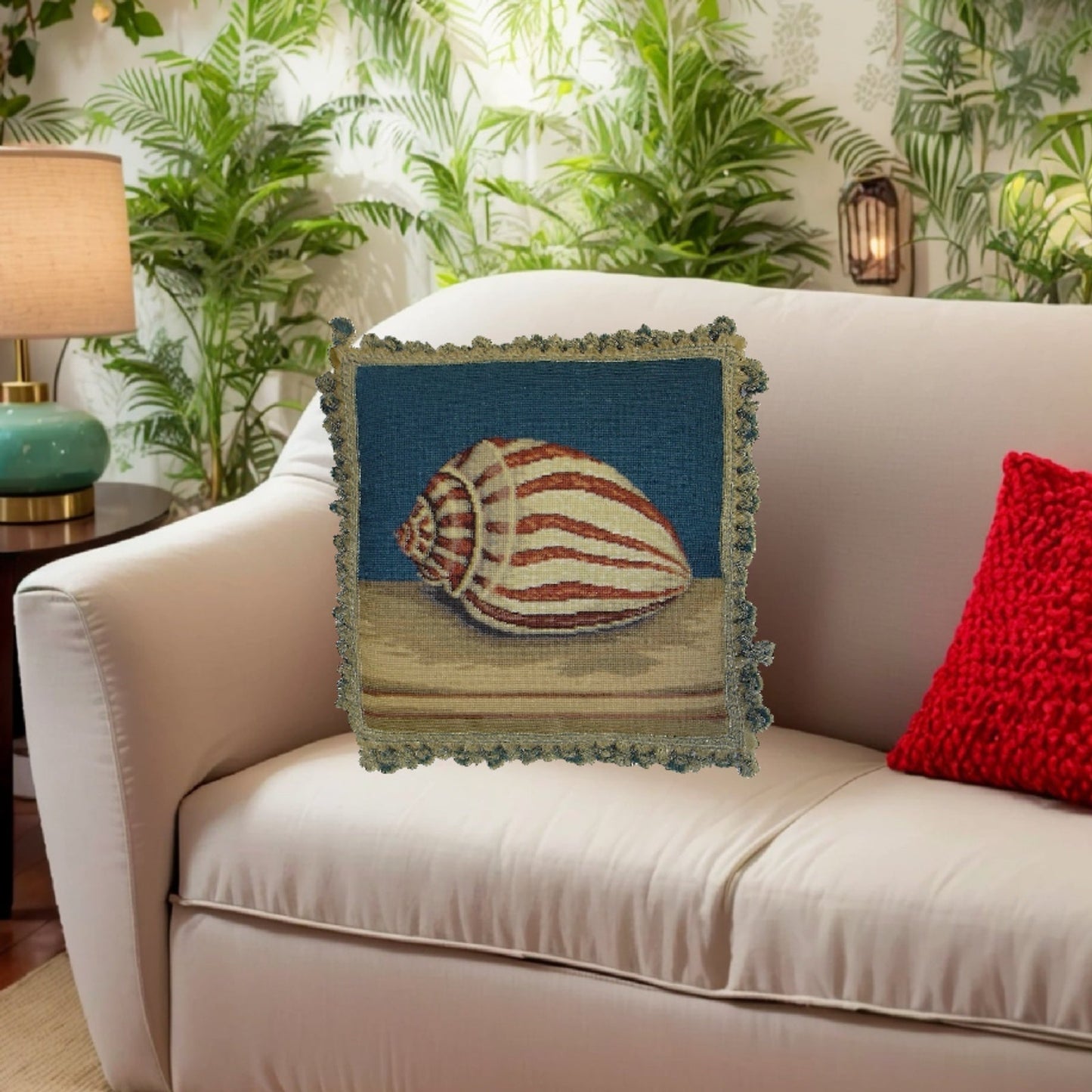 Handmade Wool Needlepoint Pillow Cover - Decorative Throw Cushion Cover - Vintage Floral Embroidery Design sea tigershell with 2 color tassel