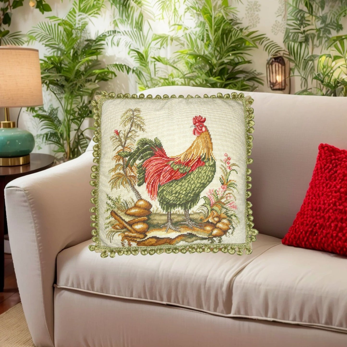 Handmade Wool Needlepoint Pillow Cover - Decorative Throw Cushion Cover - Vintage Floral Embroidery Design roosters face backgound with 2 color tassels