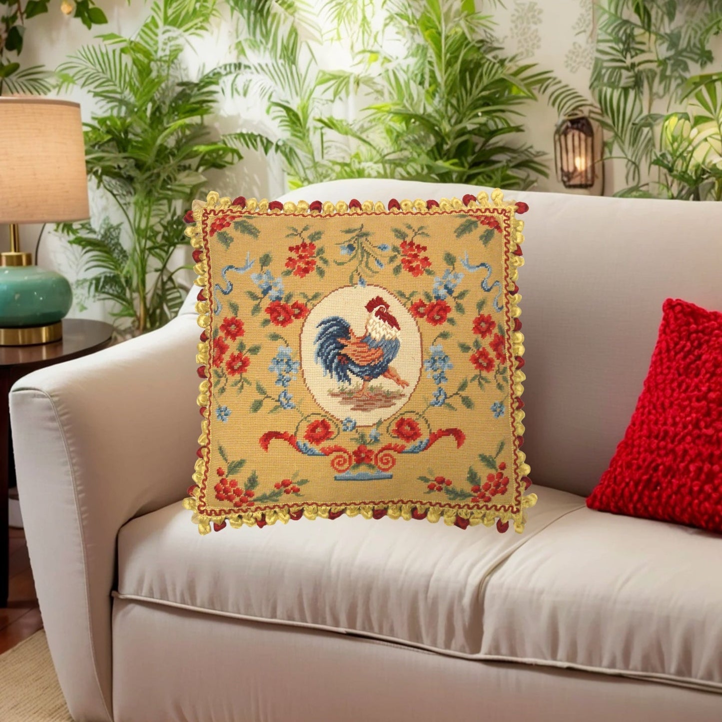 Handmade Wool Needlepoint Pillow Cover - Decorative Throw Cushion Cover - Vintage Floral Embroidery Design chicken floral with tassels 1