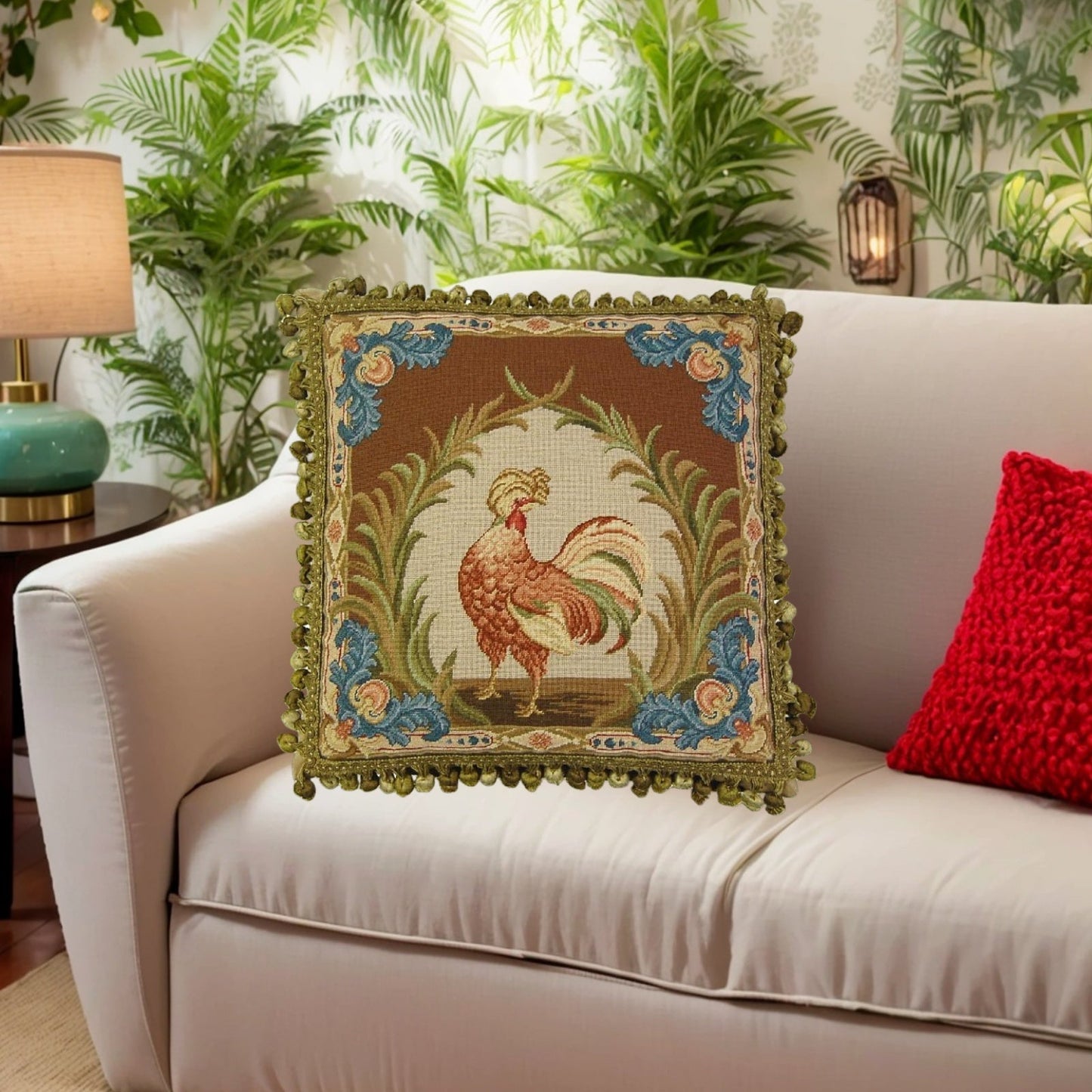 Handmade Wool Needlepoint Pillow Cover - Decorative Throw Cushion Cover - Vintage Floral Embroidery Design  Old World gallinaceous game bird -partridge looking back with tassels 1