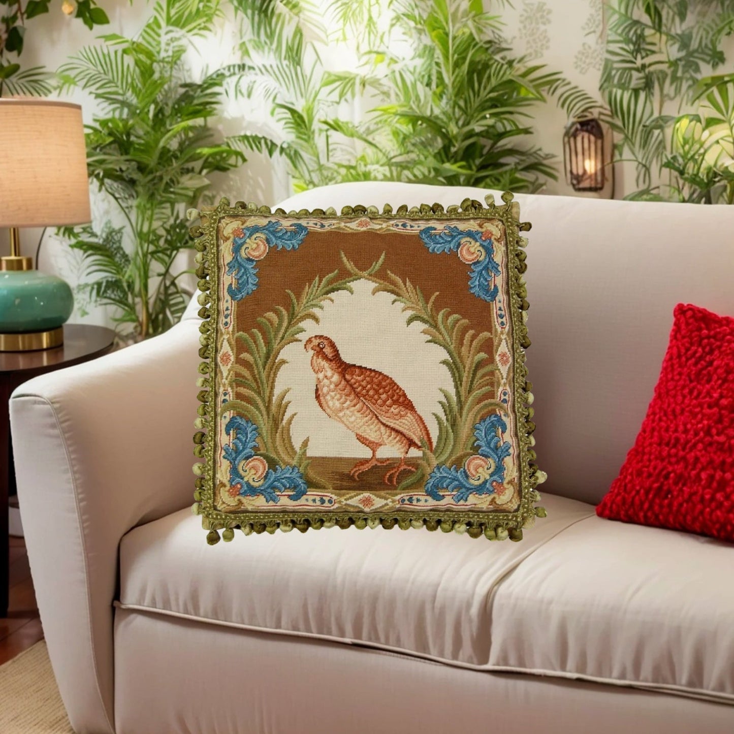Handmade Wool Needlepoint Pillow Cover - Decorative Throw Cushion Cover - Vintage Floral Embroidery Design  Old World gallinaceous game bird -partridge looking forward with tassels2