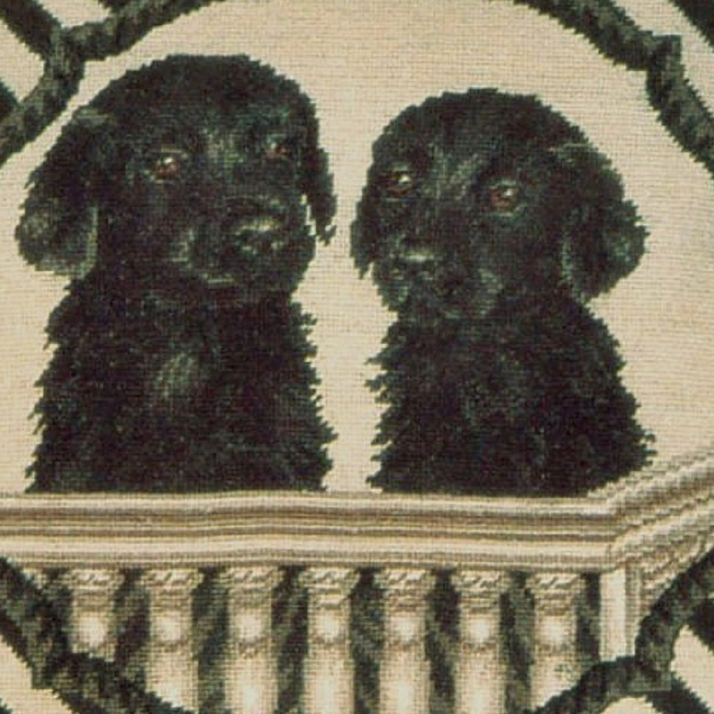 Handmade Wool Needlepoint Pillow Cover - Decorative Throw Cushion Cover - Vintage Floral Embroidery Design twin black Labrador in balcony