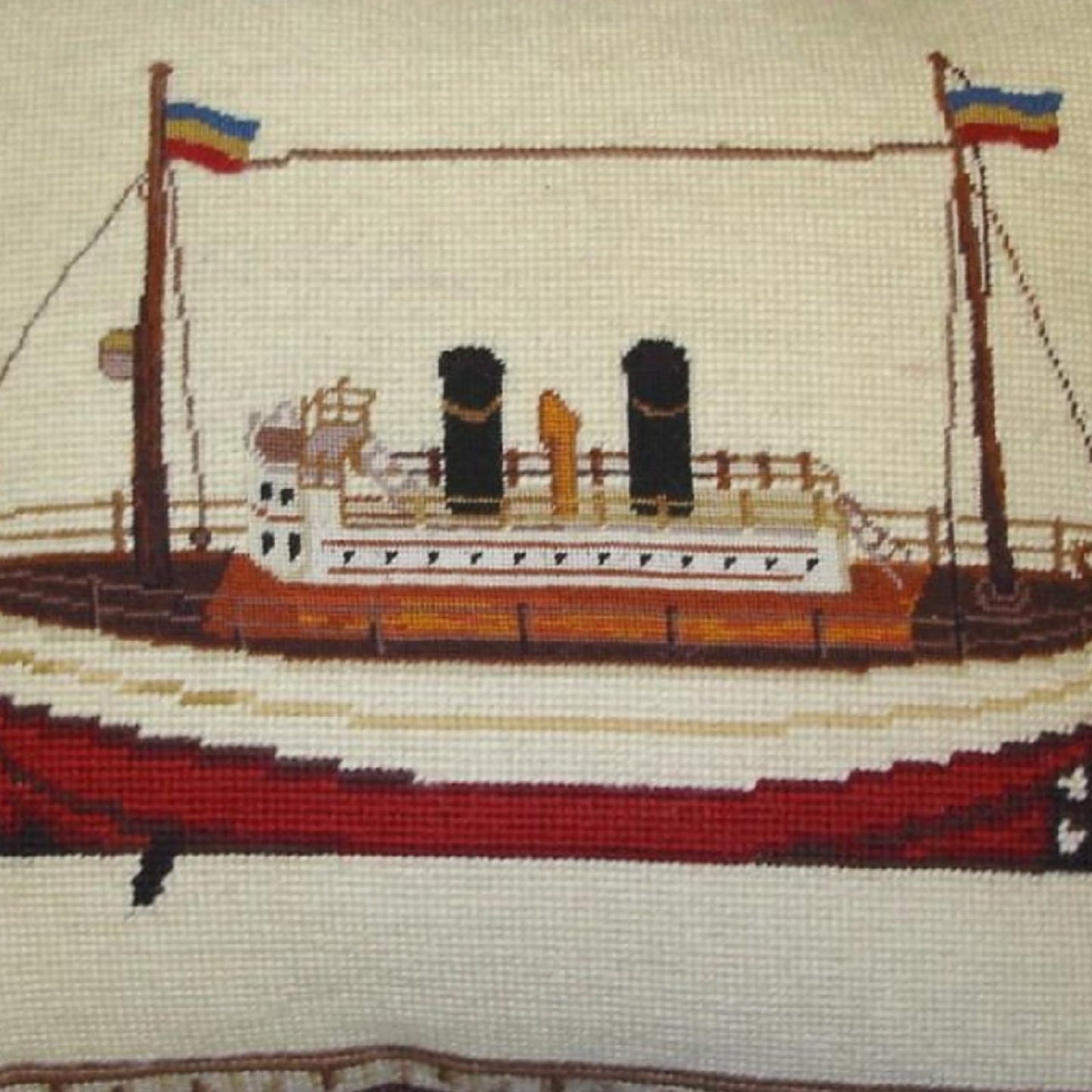 Handmade Wool Needlepoint Pillow Cover - Decorative Throw Cushion Cover - Vintage Floral Embroidery Design boat with brown cording