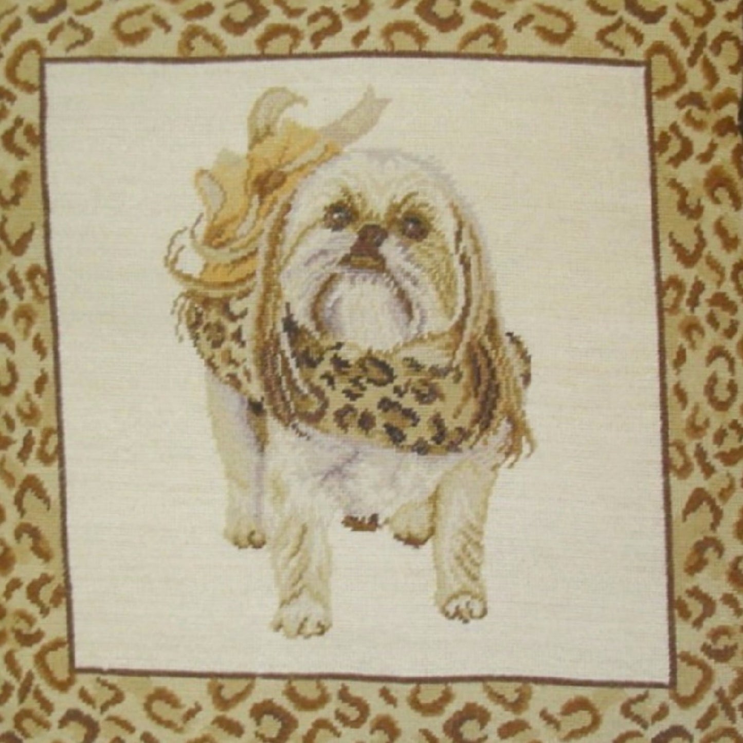 Handmade Wool Needlepoint Pillow Cover - Decorative Throw Cushion Cover - Vintage Floral Embroidery Design Shih-Tzu ware the animal print scarf with 2 color tassel