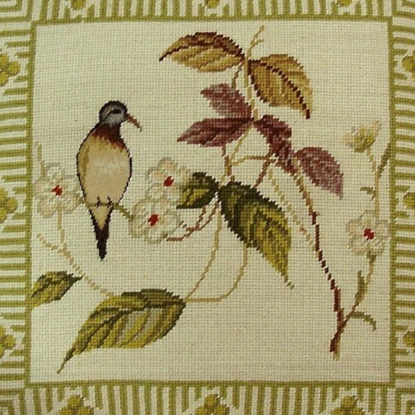 Handmade Wool Needlepoint Pillow Cover - Decorative Throw Cushion Cover - Vintage Floral Embroidery Design 1 Bird & Been flower)