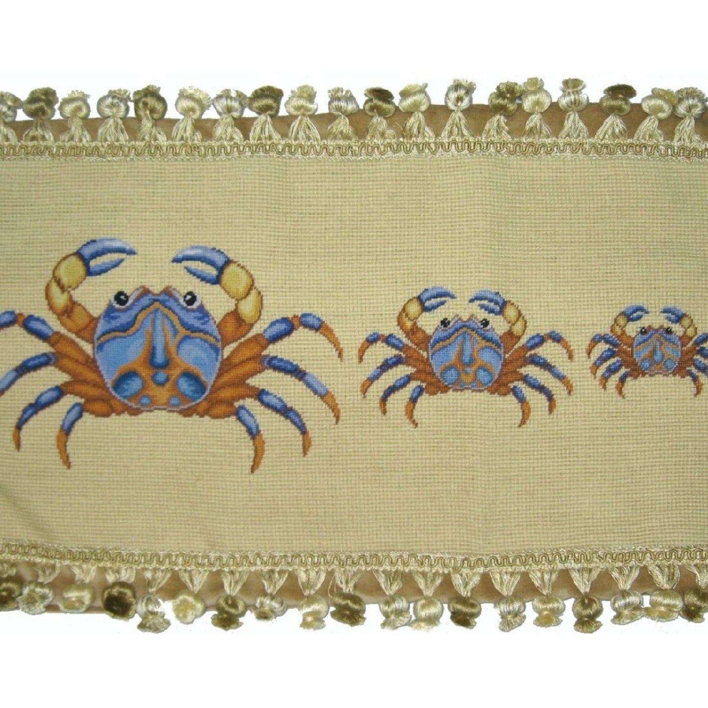 Handmade Wool Needlepoint Pillow Cover - Decorative Throw Cushion Cover - Vintage Floral Embroidery Design 3 blue crabs with tassels