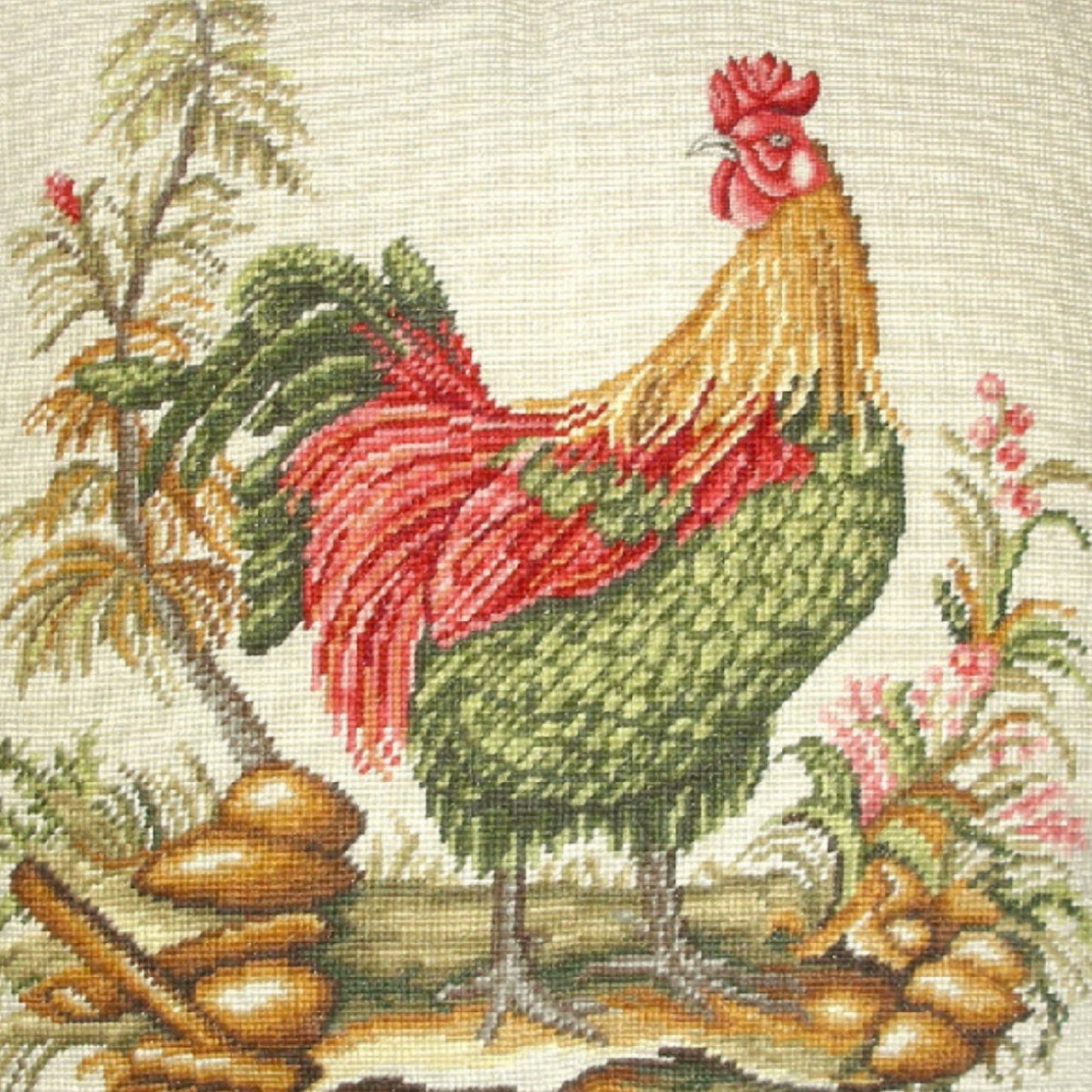 Handmade Wool Needlepoint Pillow Cover - Decorative Throw Cushion Cover - Vintage Floral Embroidery Design roosters face backgound with 2 color tassels