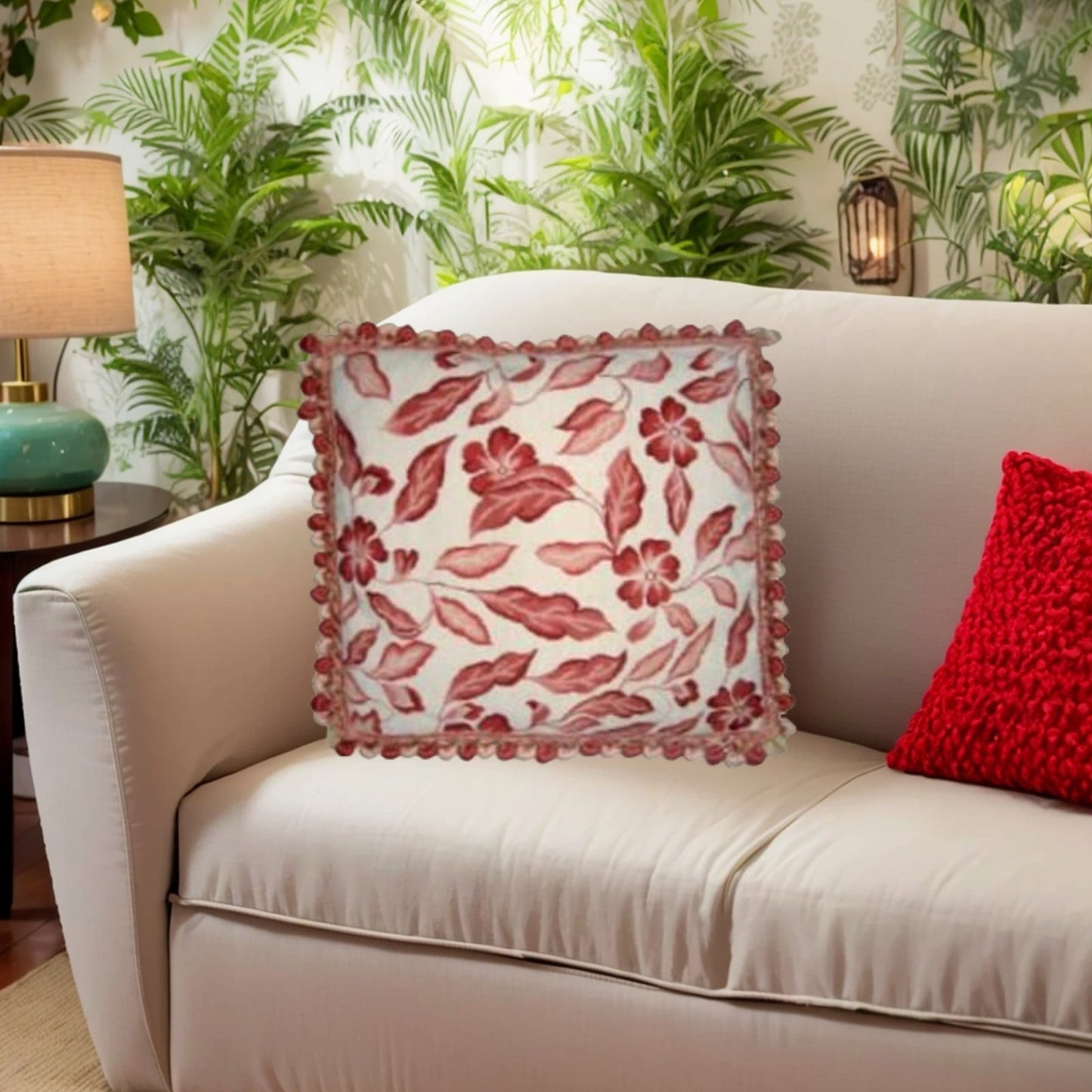 Handmade Wool Needlepoint Pillow Cover - Decorative Throw Cushion Cover - Vintage Floral Embroidery Design red leaves with tassel
