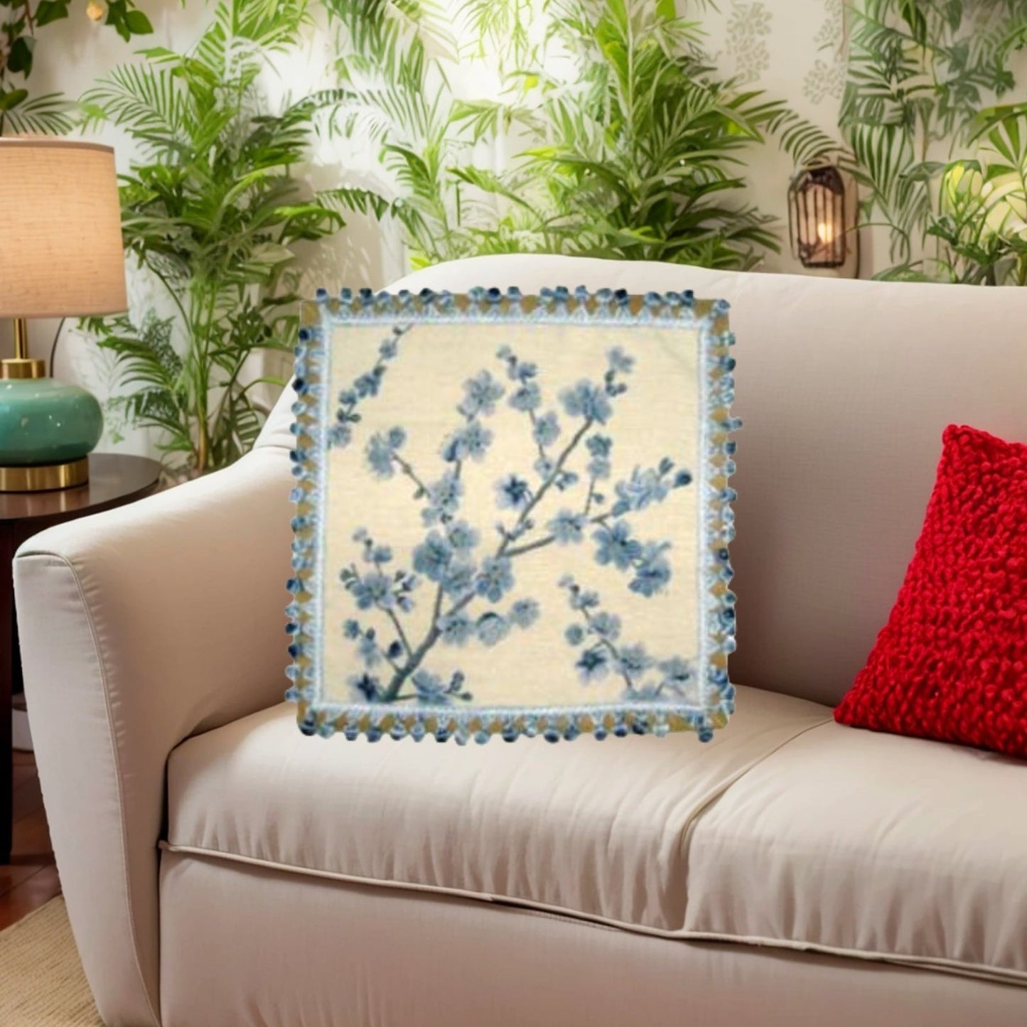 Handmade Wool Needlepoint Pillow Cover - Decorative Throw Cushion Cover - Vintage Floral Embroidery Design  blue blooming plums with tassels