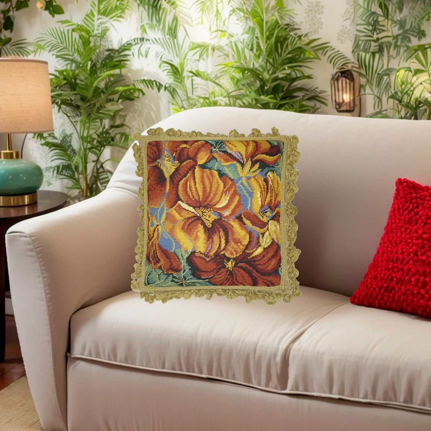 Handmade Wool Needlepoint Pillow Cover - Decorative Throw Cushion Cover - Vintage Floral Embroidery Design tiger Orchard with gold tassels